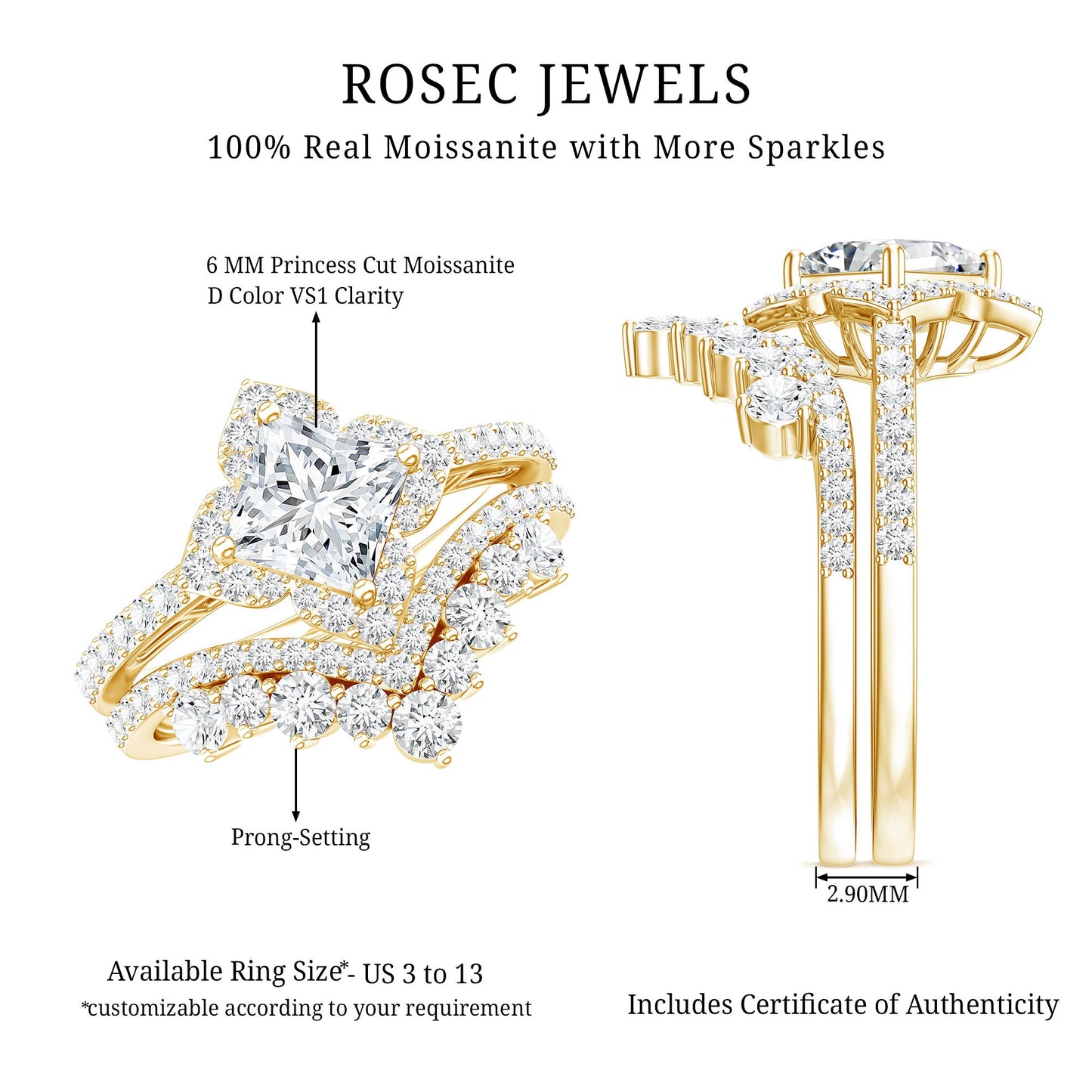 Certified Moissanite Statement Wedding Ring Set