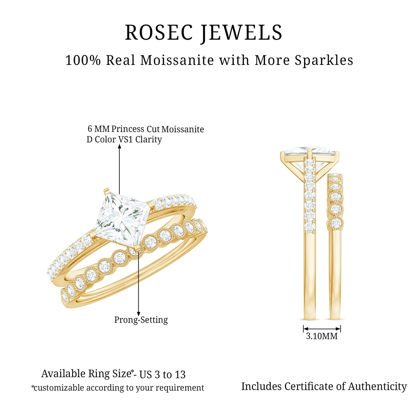 Princess Cut Moissanite Engagement Ring with Wedding Band Set