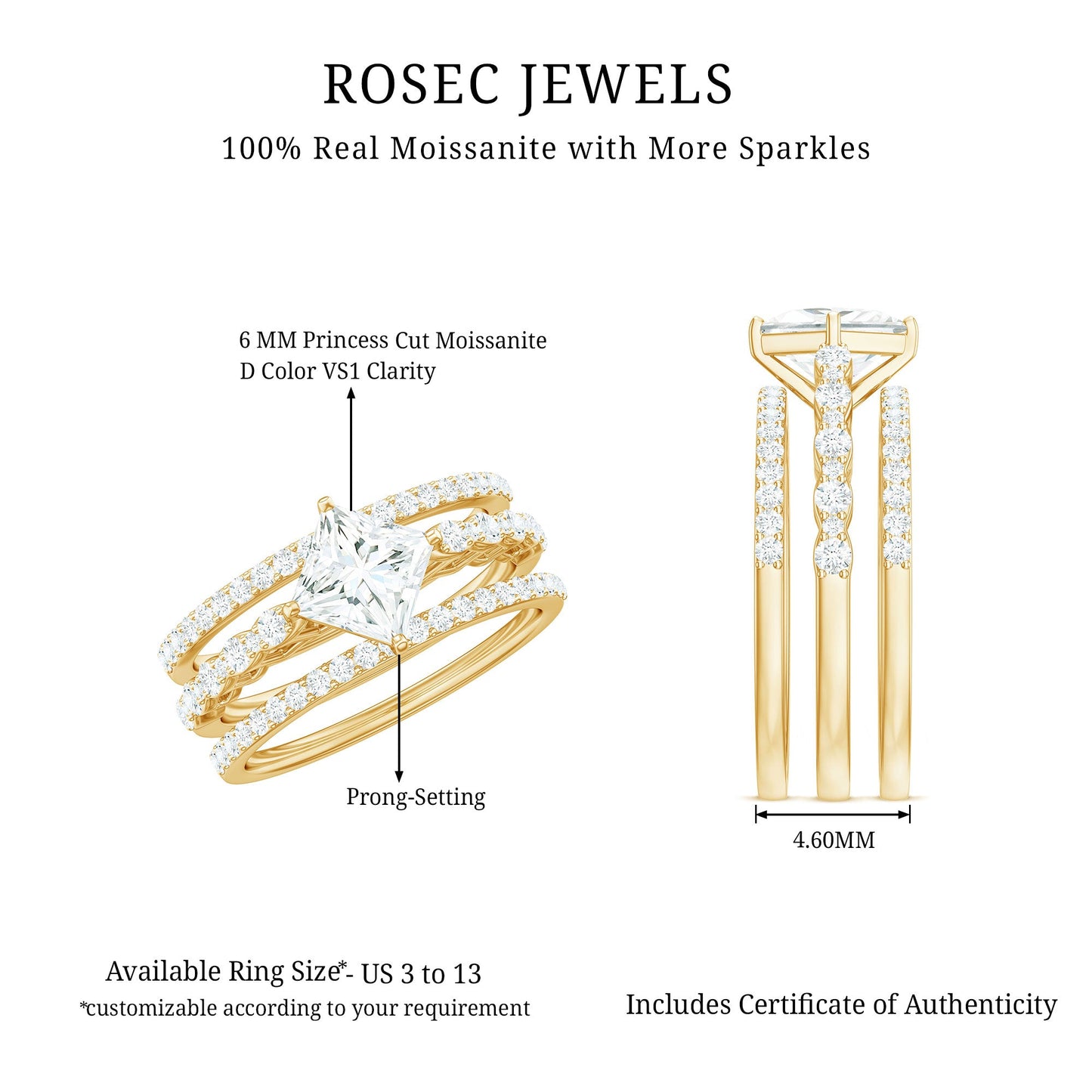 1.25 Carat Princess Cut Moissanite 3 Piece Bridal Ring Set