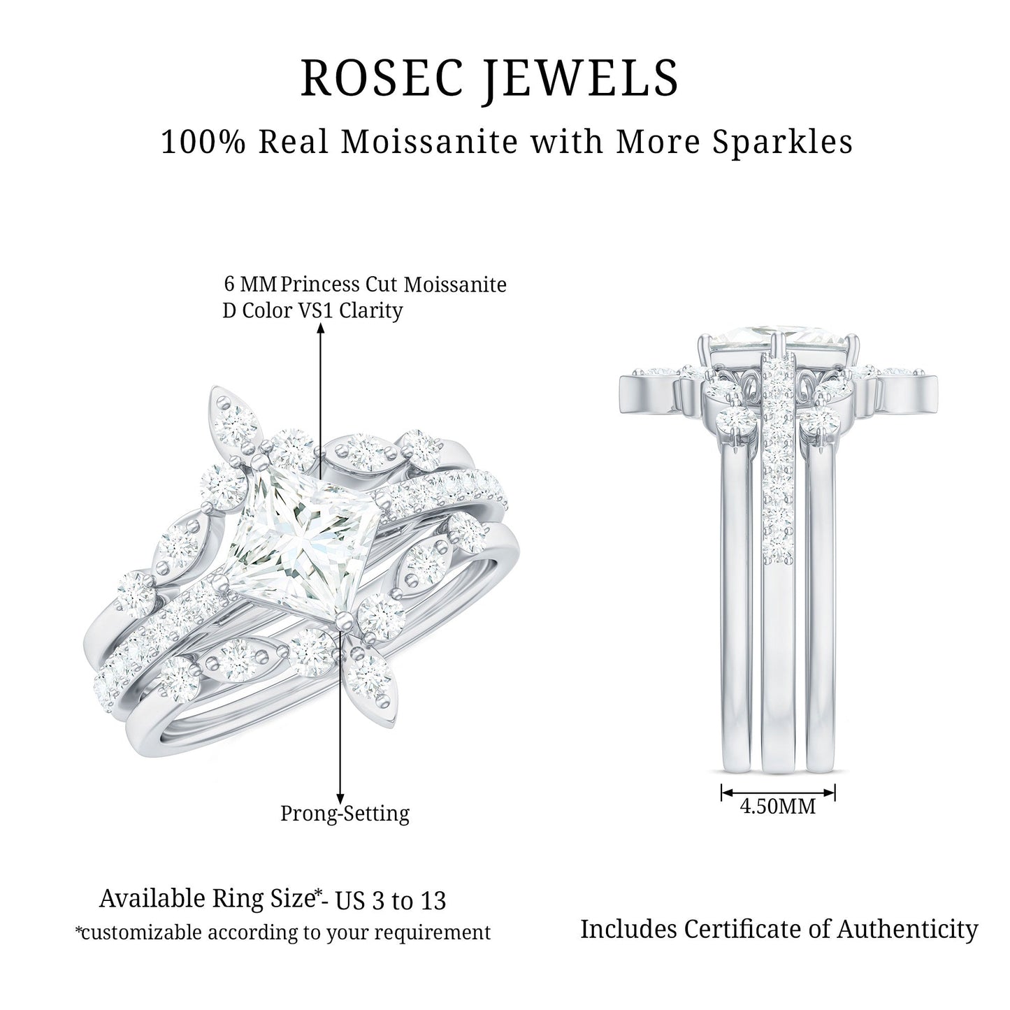 Classic Trio Bridal Ring Set with Princess and Round Cut Moissanites