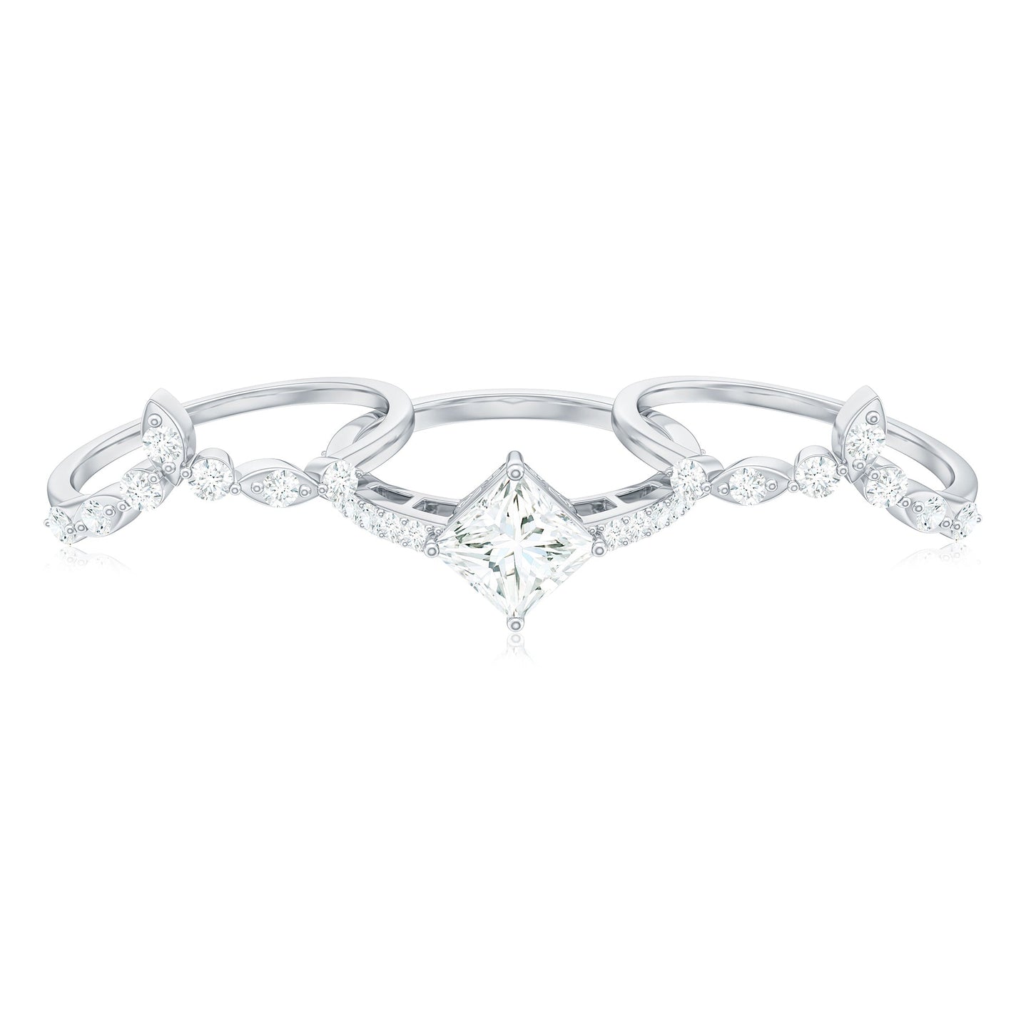 Classic Trio Bridal Ring Set with Princess and Round Cut Moissanites
