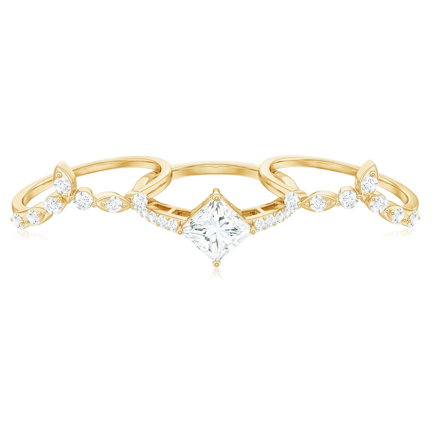 Classic Trio Bridal Ring Set with Princess and Round Cut Moissanites