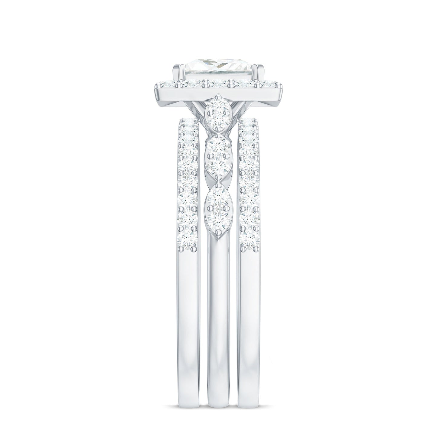 Princess Cut Moissanite Halo Engagement Ring with Wedding Bands