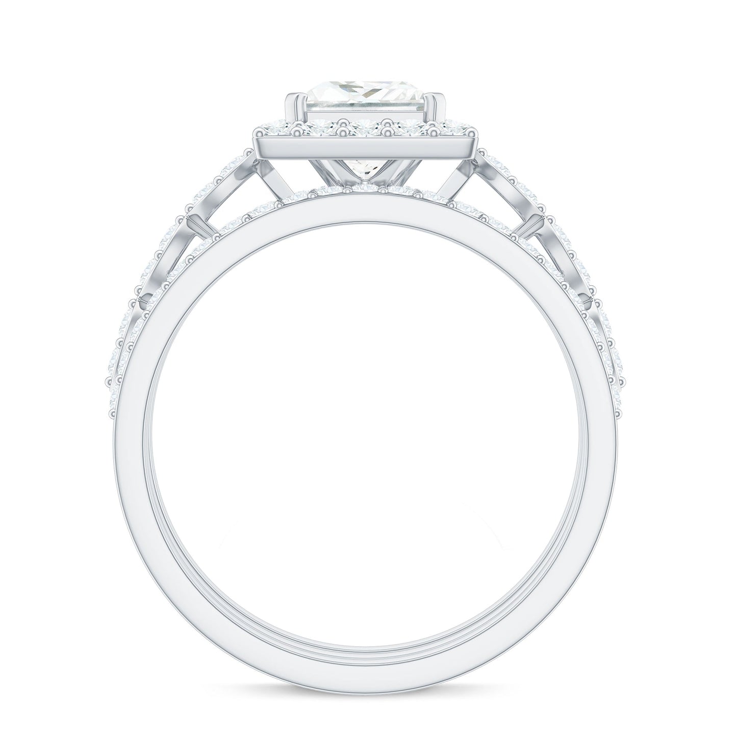Princess Cut Moissanite Halo Engagement Ring with Wedding Bands