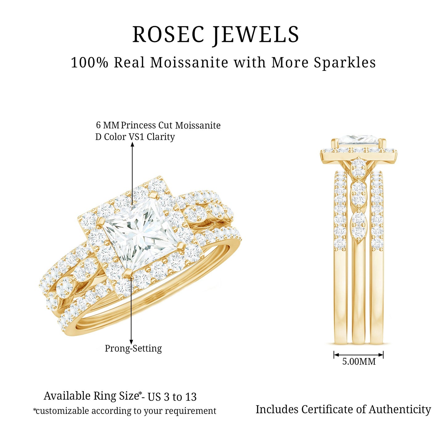 Princess Cut Moissanite Halo Engagement Ring with Wedding Bands