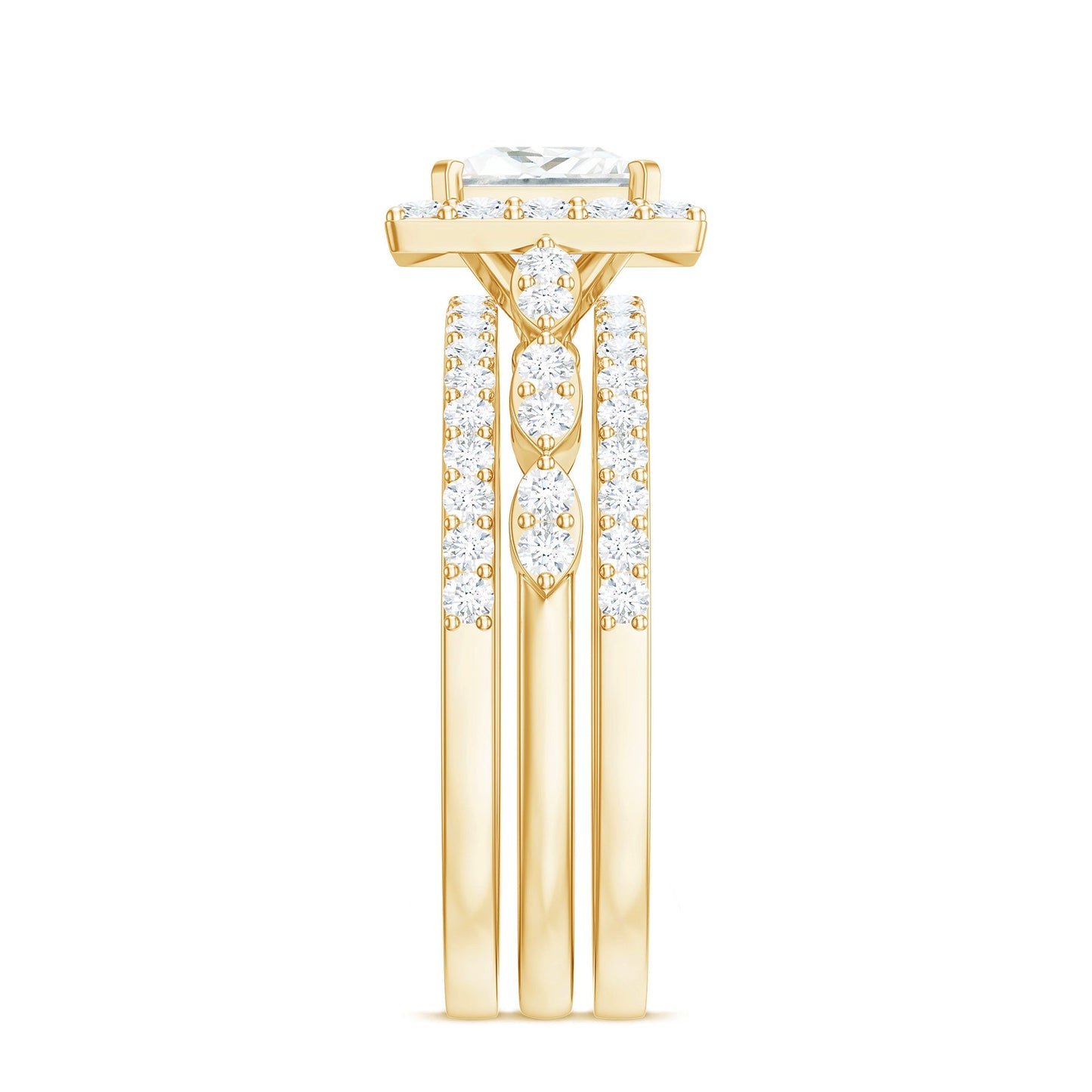 Princess Cut Moissanite Halo Engagement Ring with Wedding Bands