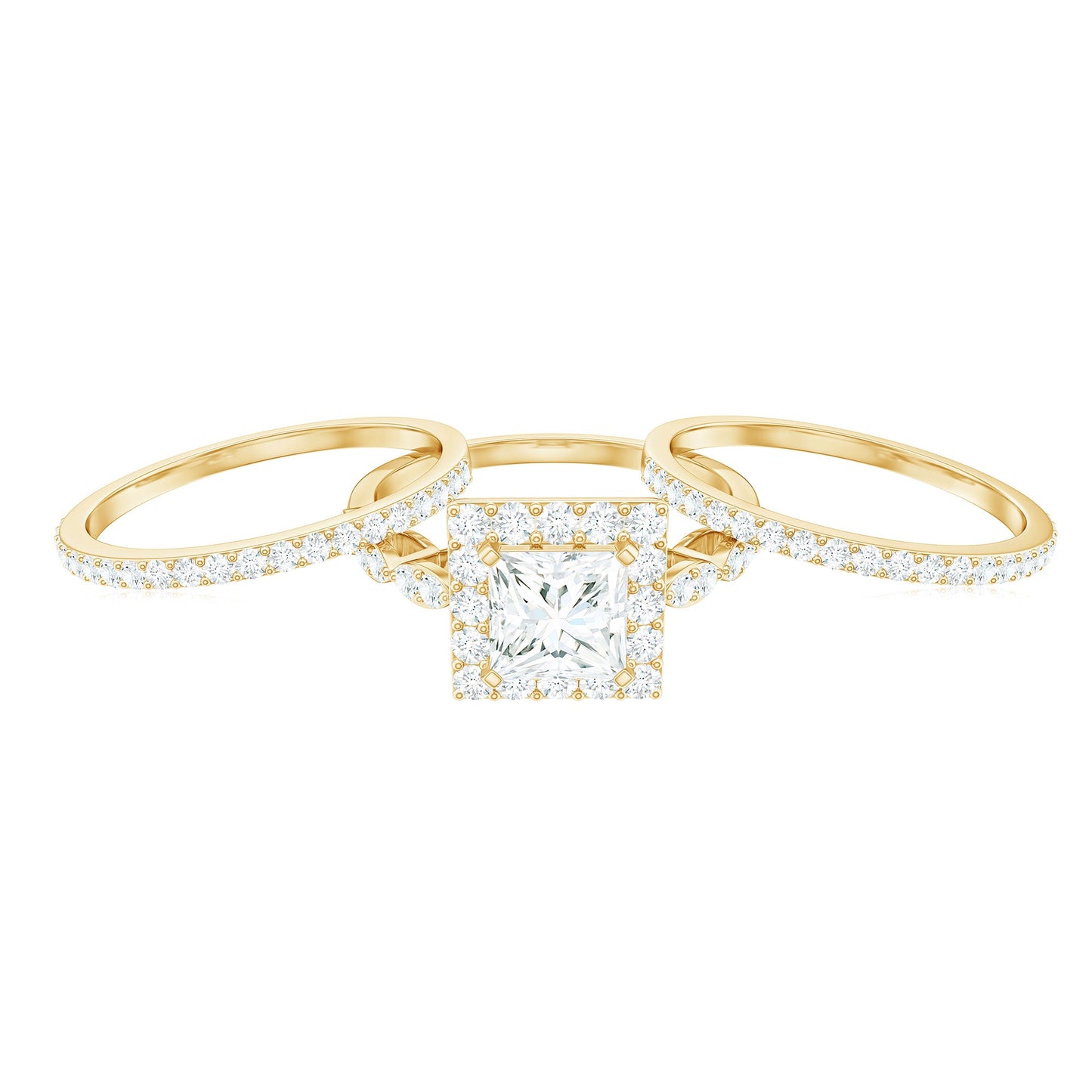 Princess Cut Moissanite Halo Engagement Ring with Wedding Bands