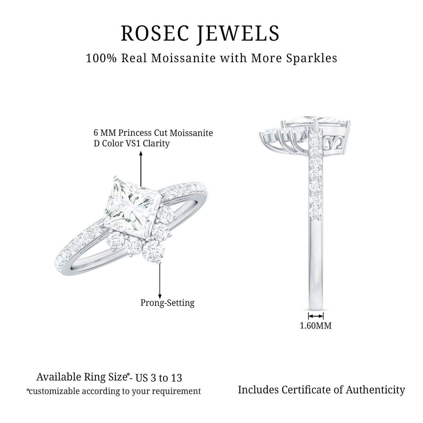 Princess Cut Moissanite Designer Engagement Ring for Women