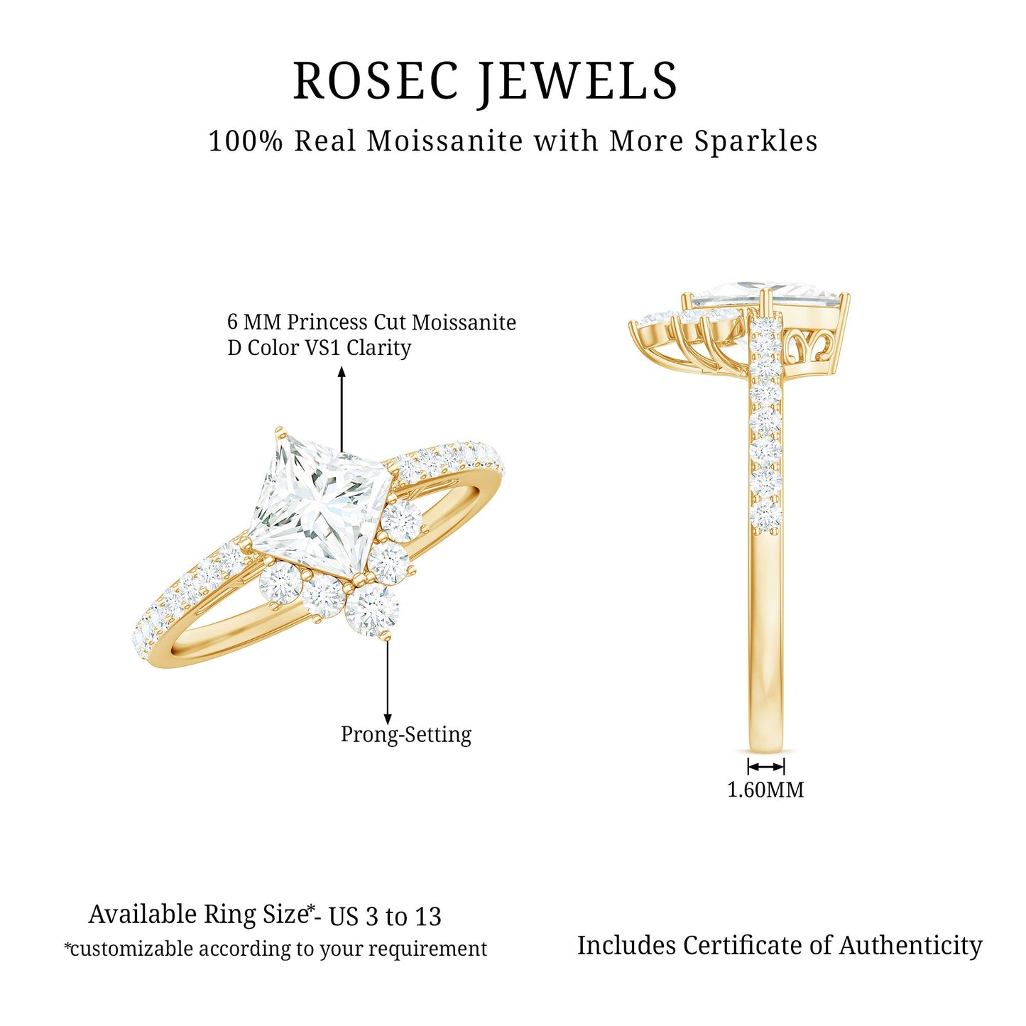 Princess Cut Moissanite Designer Engagement Ring for Women