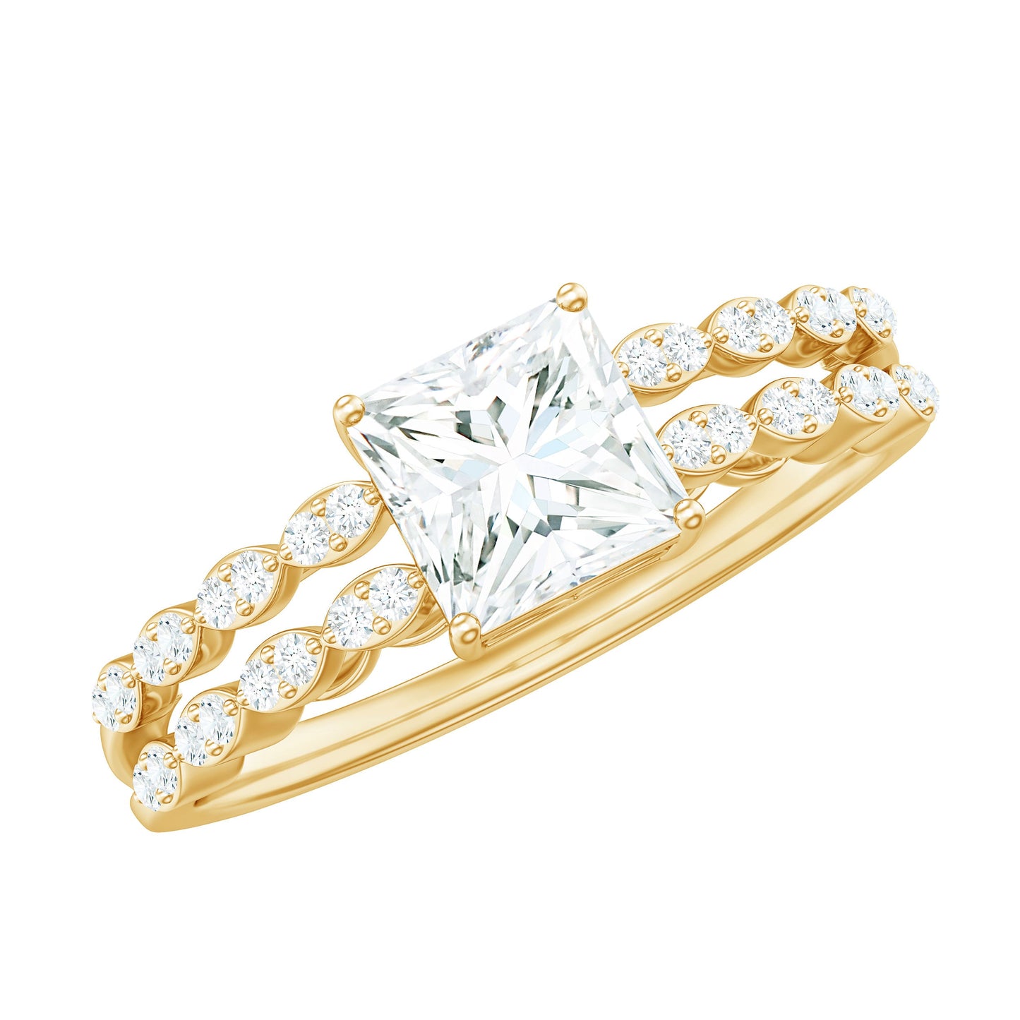 Certified Moissanite Princess Cut Engagement Ring in Double Band