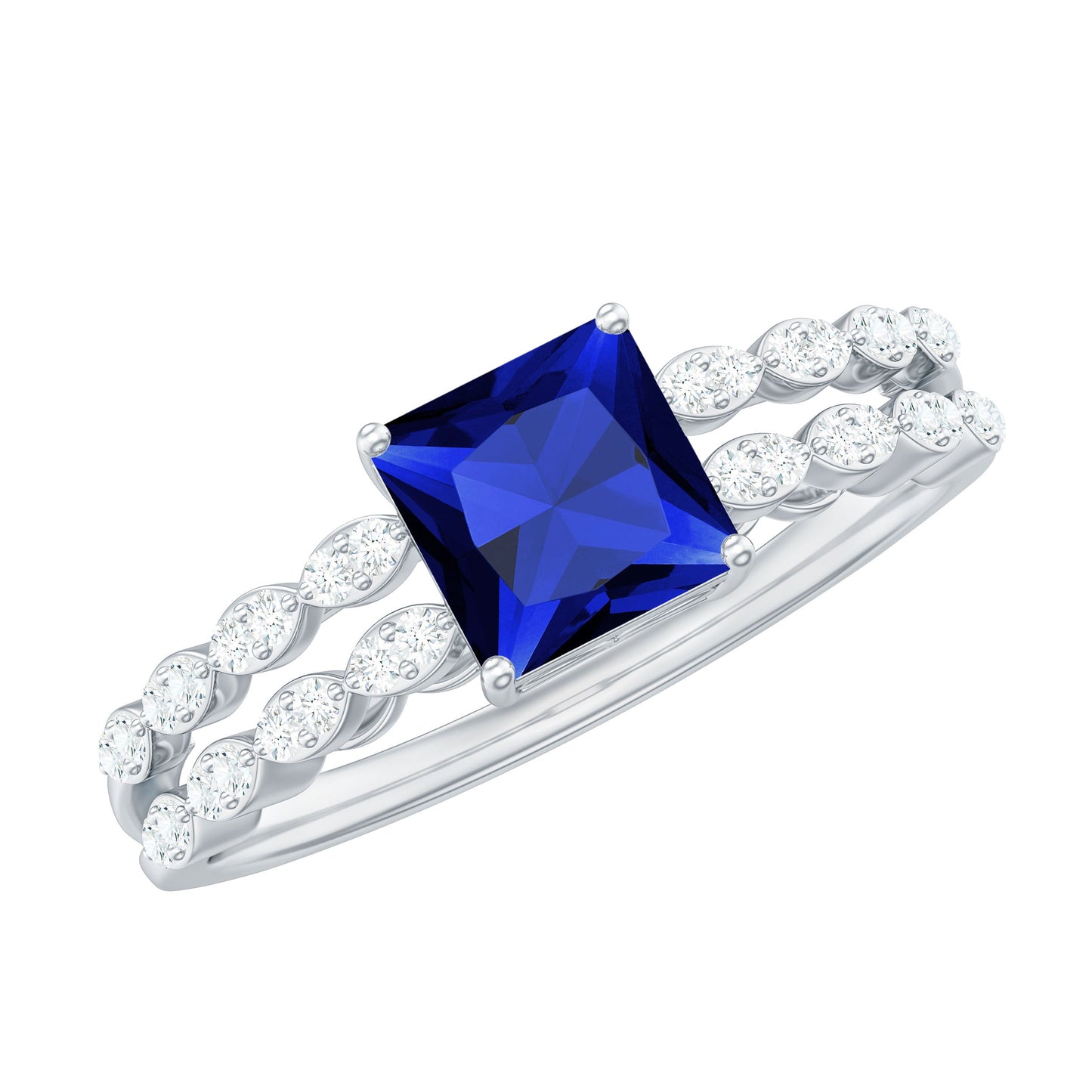 Certified 1.5 Carat Princess Cut Lab Grown Blue Sapphire Double Band Engagement Ring with Diamond