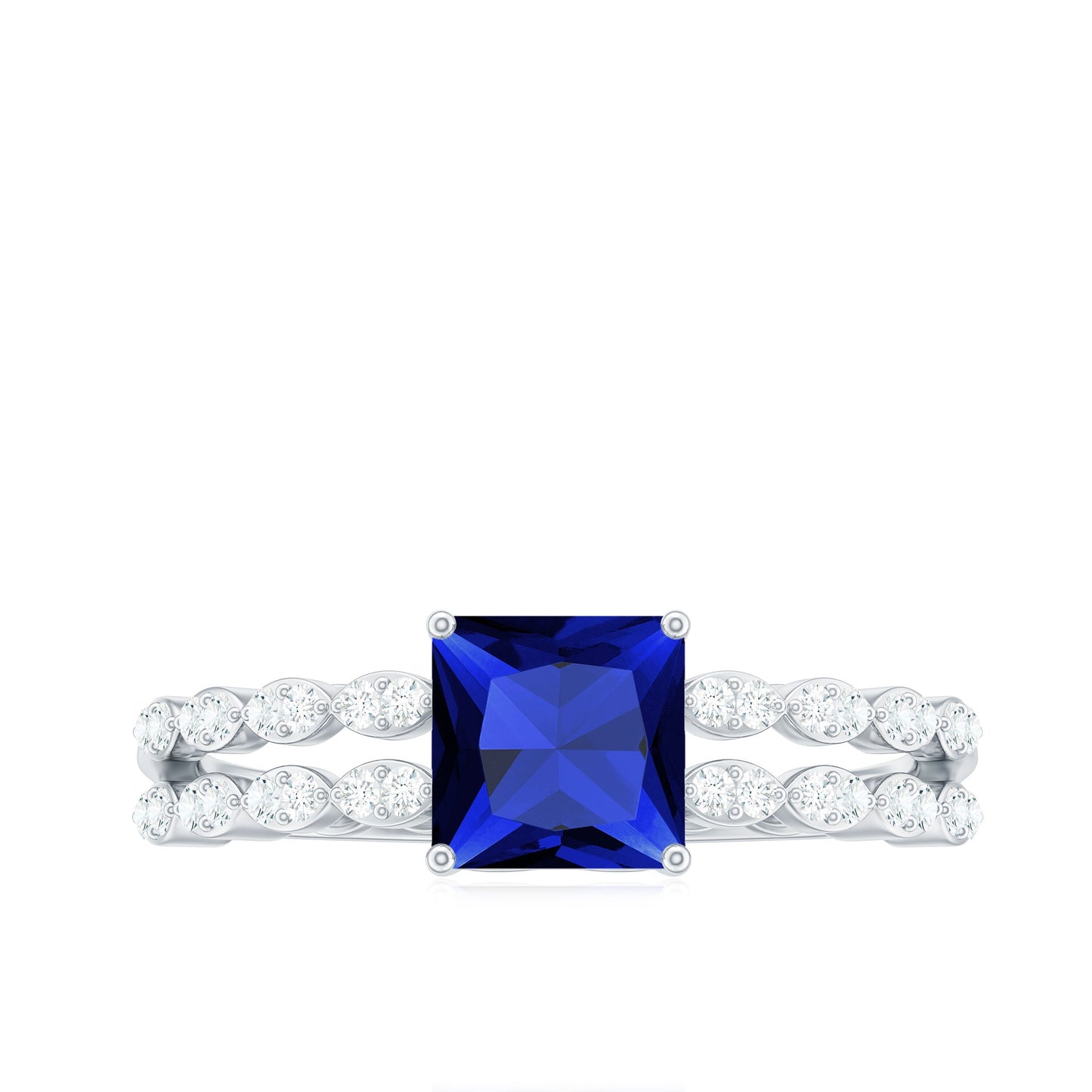 Certified 1.5 Carat Princess Cut Lab Grown Blue Sapphire Double Band Engagement Ring with Diamond