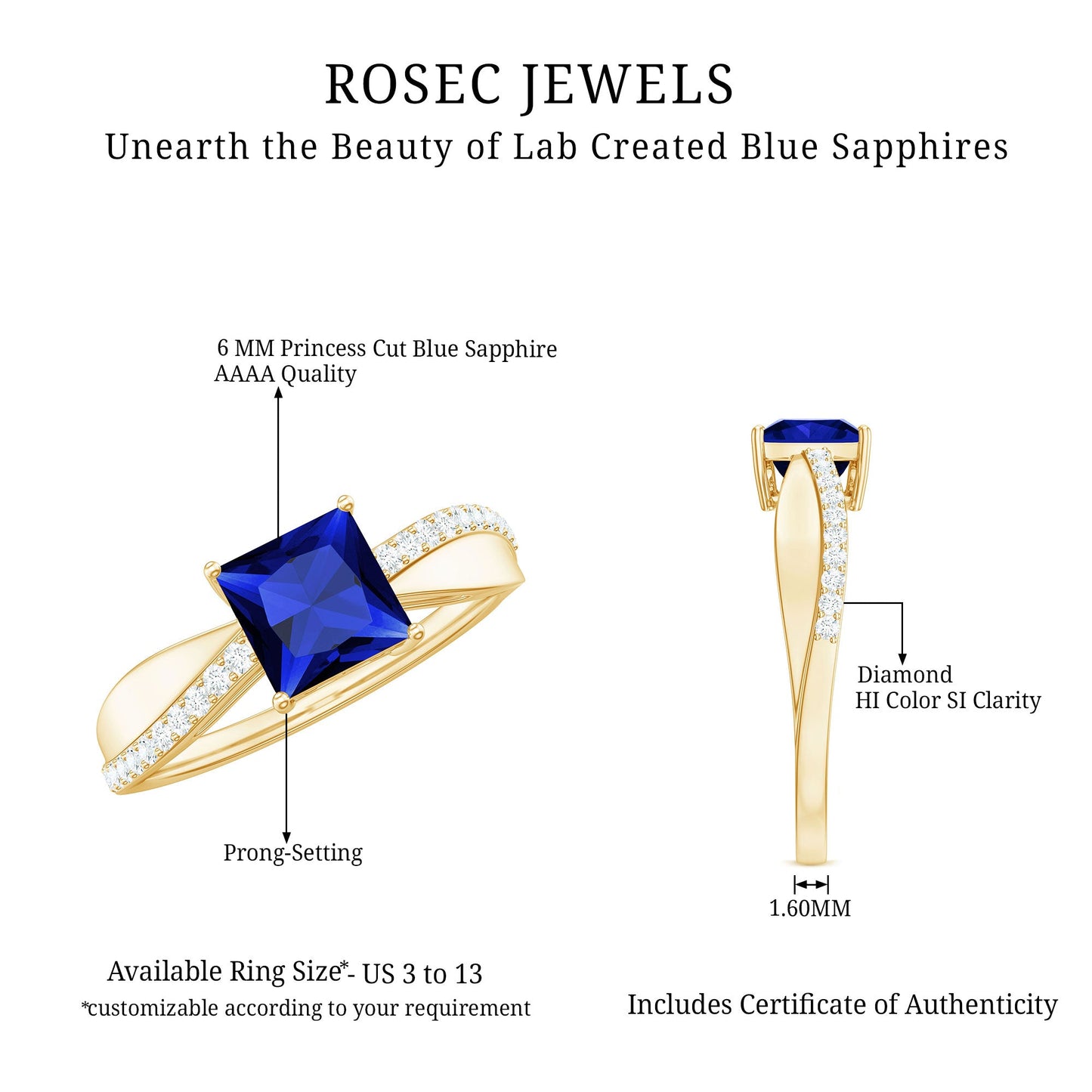 Certified 1.5 Carat Lab Grown Blue Sapphire Princess Cut Engagement Ring with Diamond