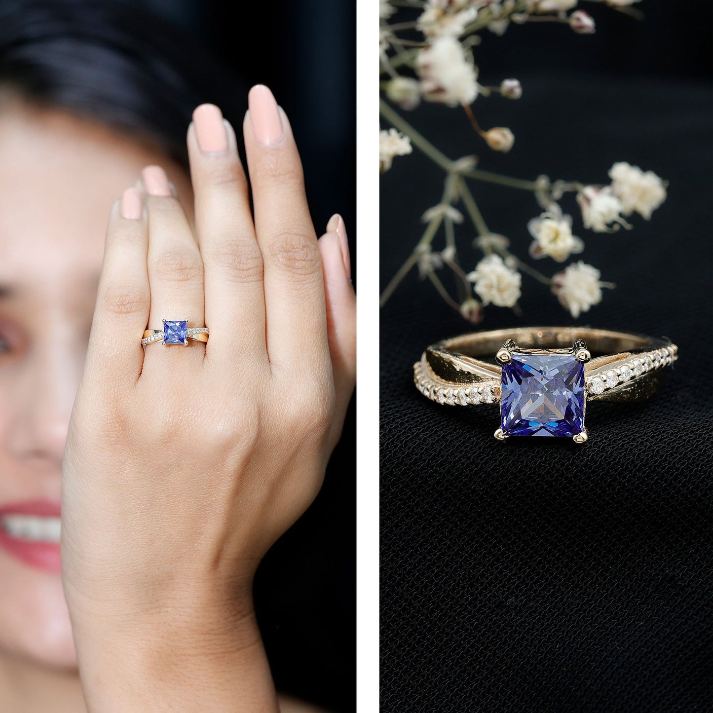 Certified 1.5 Carat Lab Grown Blue Sapphire Princess Cut Engagement Ring with Diamond