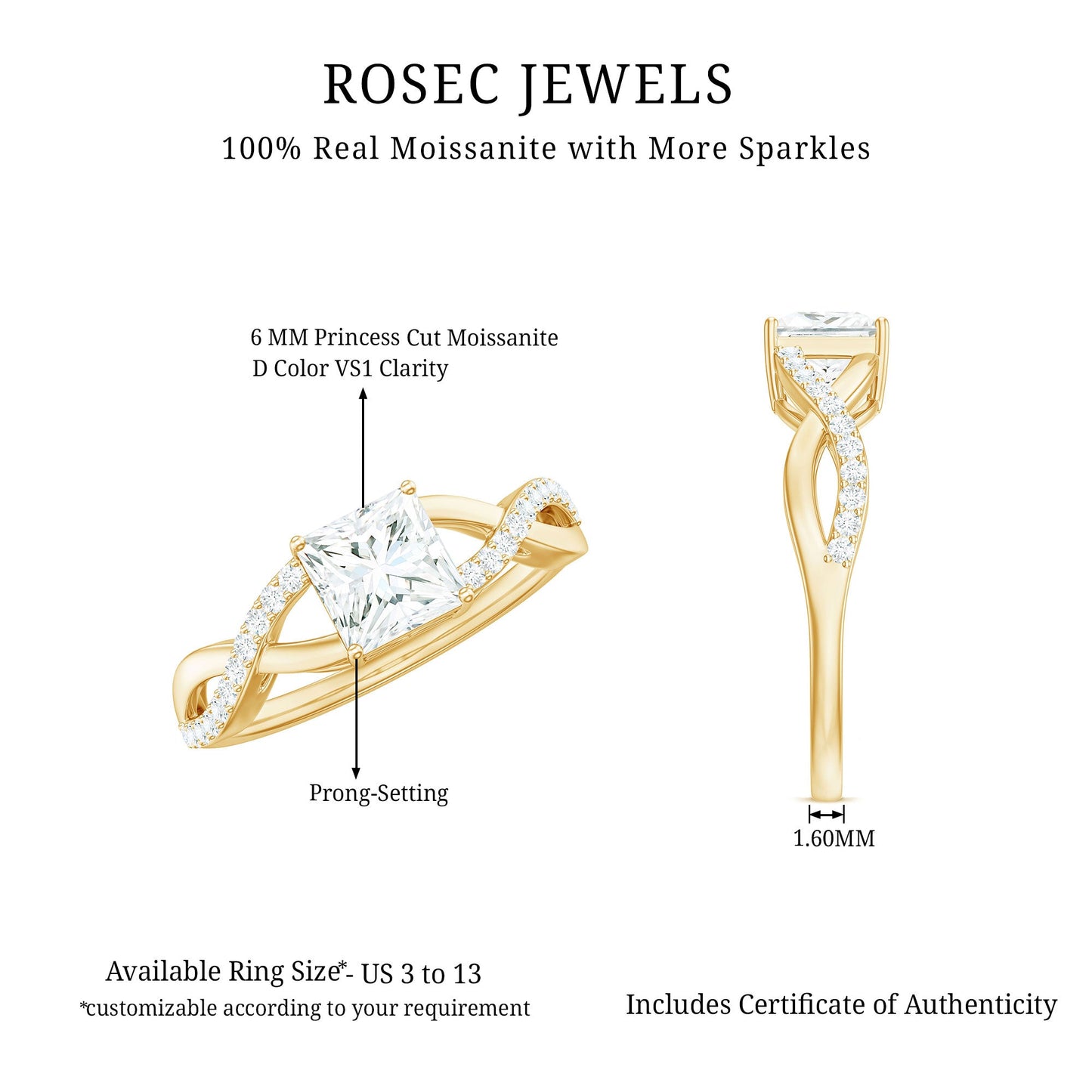 Princess Cut Moissanite Crossover Engagement Ring for Women