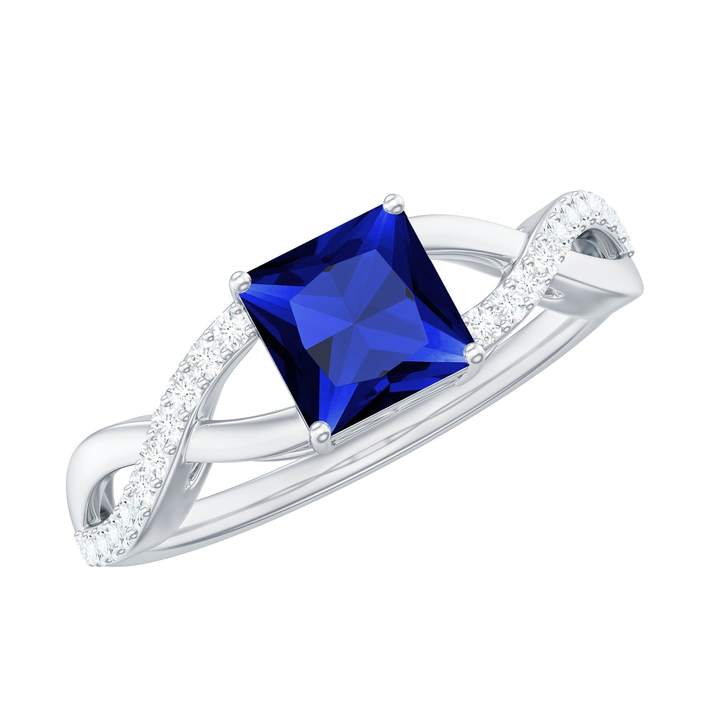 1.5 Carat Lab Grown Blue Sapphire Princess Cut Engagement Ring with Diamond Crossover Shank