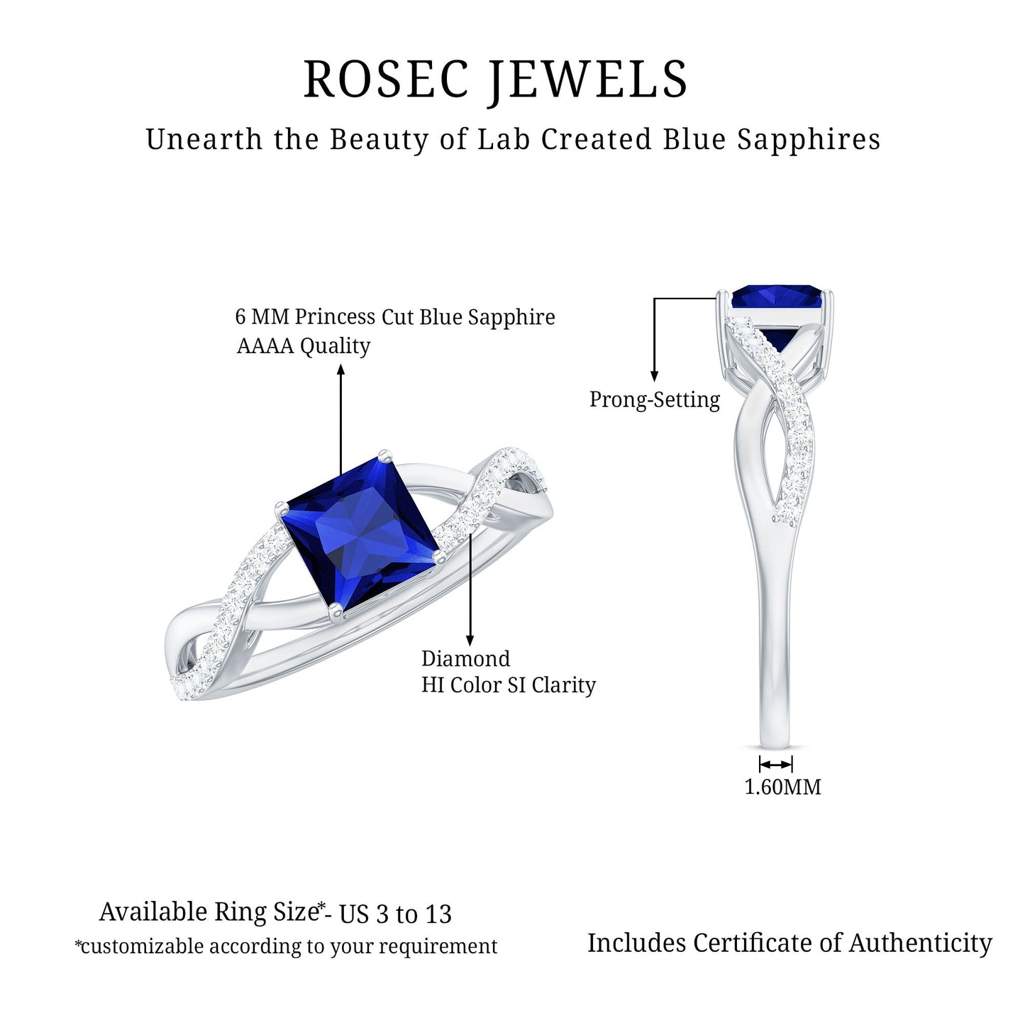 1.5 Carat Lab Grown Blue Sapphire Princess Cut Engagement Ring with Diamond Crossover Shank