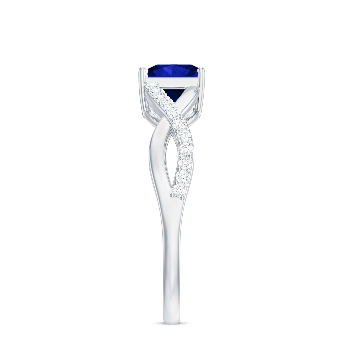 1.5 Carat Lab Grown Blue Sapphire Princess Cut Engagement Ring with Diamond Crossover Shank