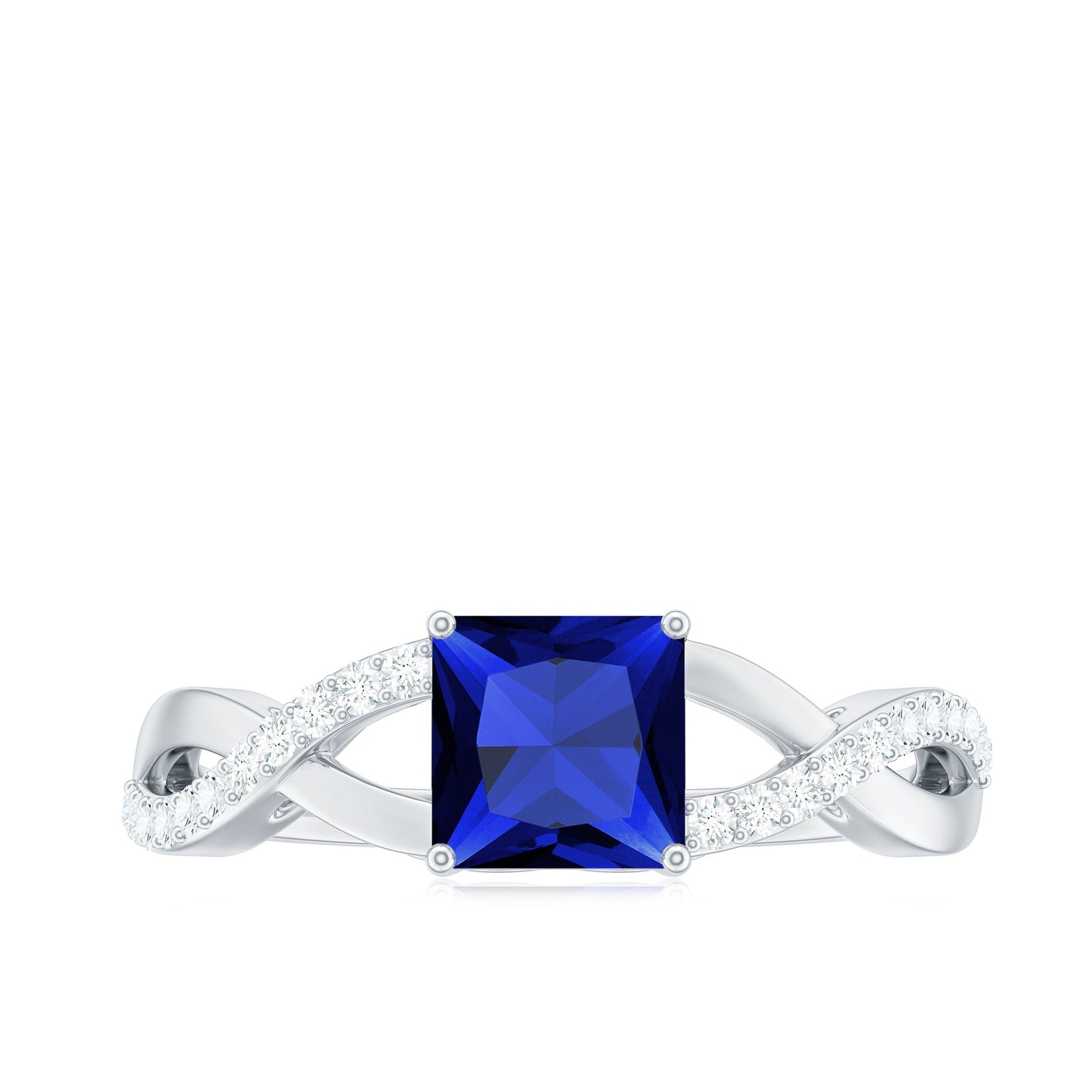 1.5 Carat Lab Grown Blue Sapphire Princess Cut Engagement Ring with Diamond Crossover Shank