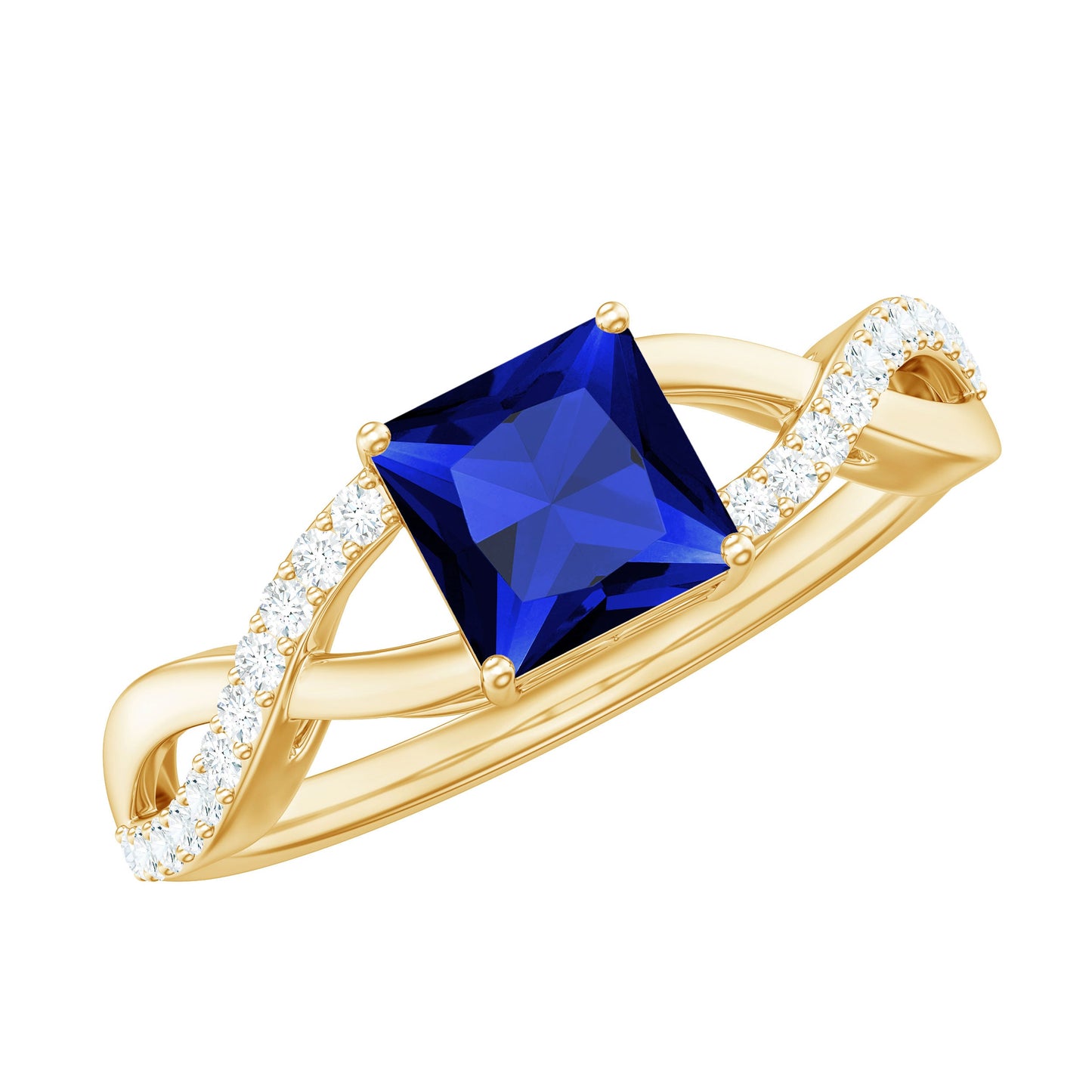 1.5 Carat Lab Grown Blue Sapphire Princess Cut Engagement Ring with Diamond Crossover Shank