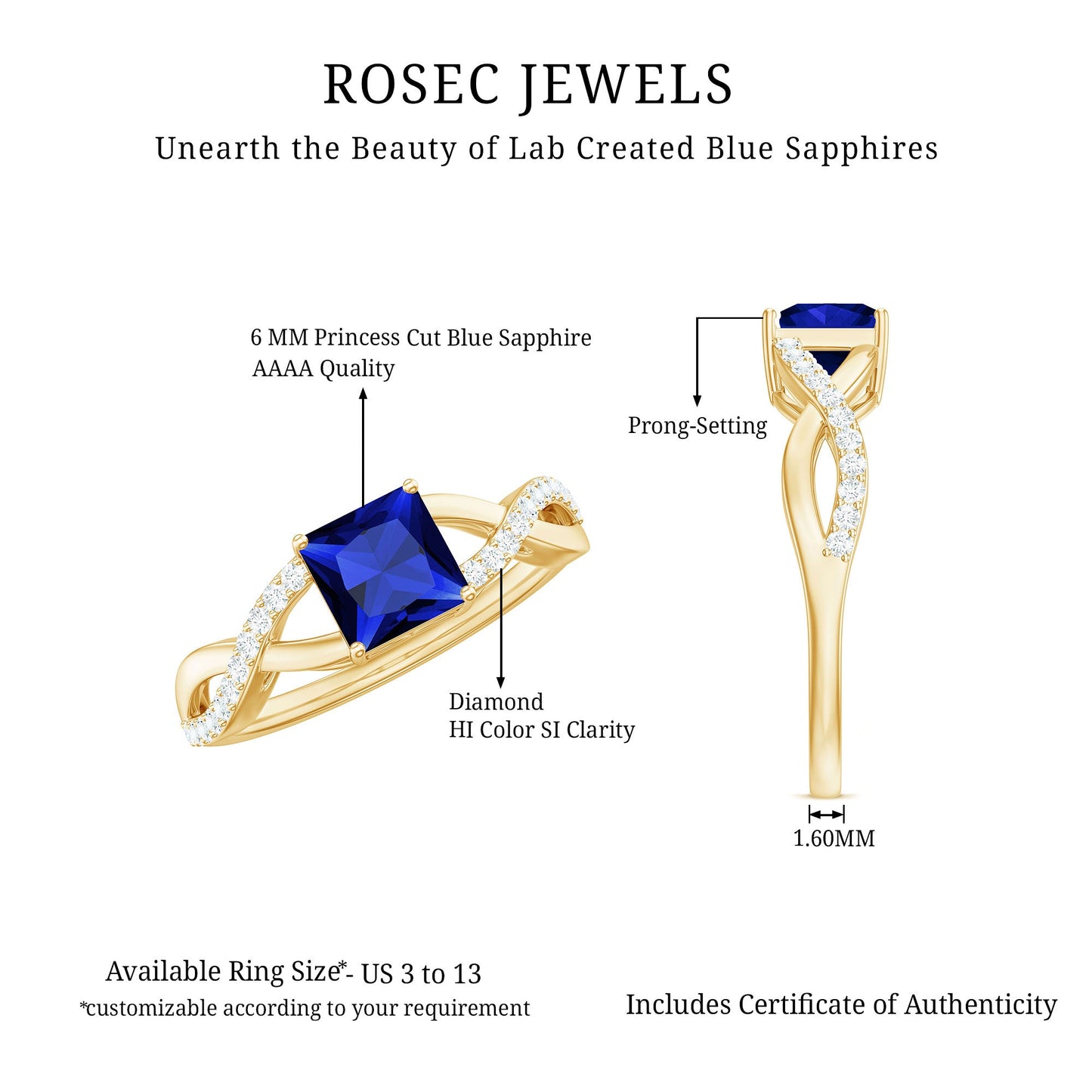 1.5 Carat Lab Grown Blue Sapphire Princess Cut Engagement Ring with Diamond Crossover Shank