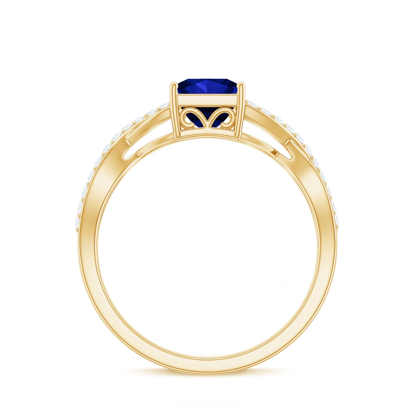 1.5 Carat Lab Grown Blue Sapphire Princess Cut Engagement Ring with Diamond Crossover Shank