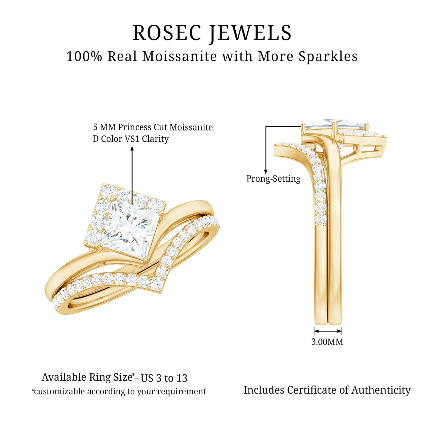Certified Princess Cut Moissanite Wedding Ring Set for Women