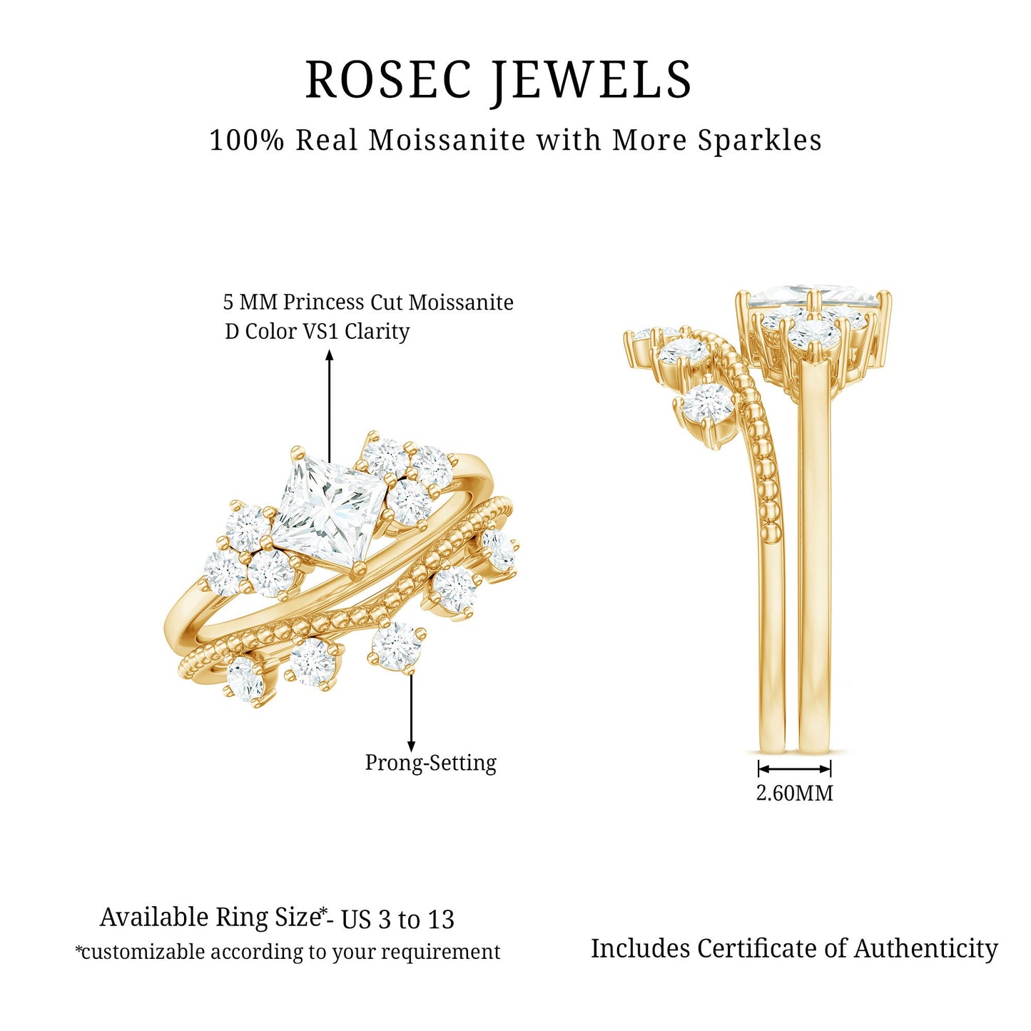 Princess and Round Cut Moissanite Wedding Ring Set