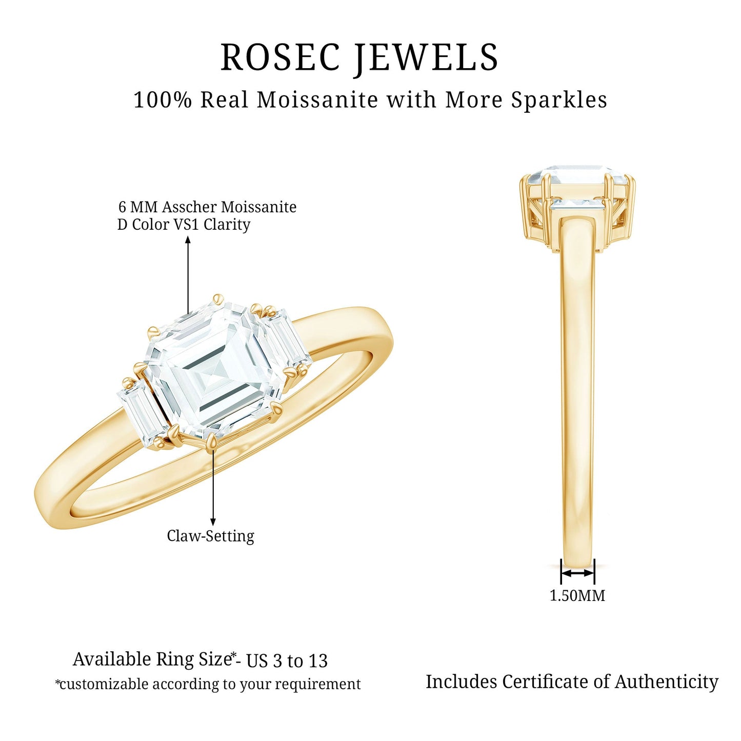Asscher Cut Moissanite Engagement Ring with Certificate