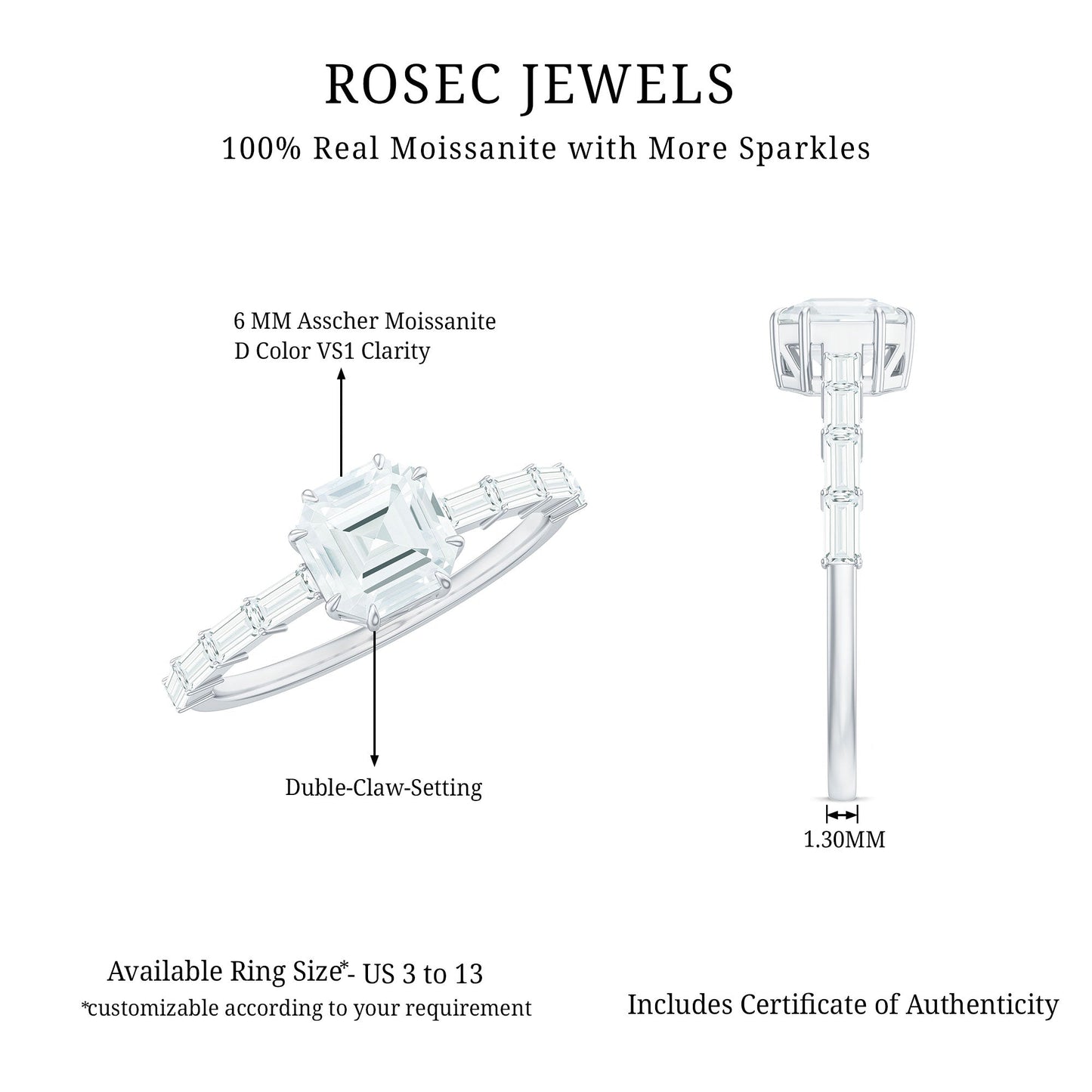 Asscher Cut Moissanite Engagement Ring with Baguette Side Stones