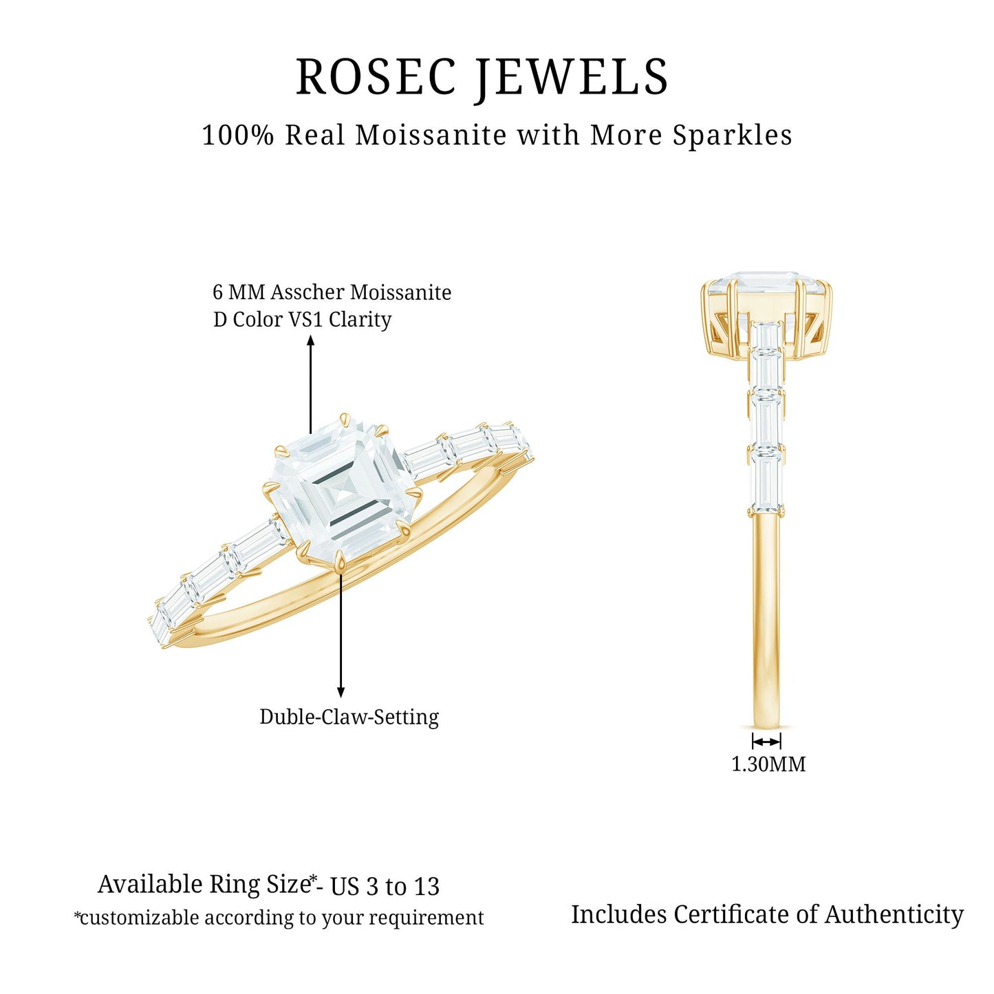 Asscher Cut Moissanite Engagement Ring with Baguette Side Stones