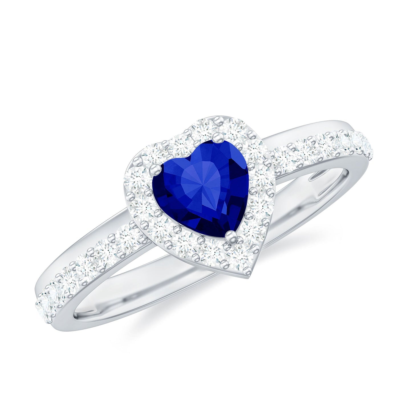Certified 0.9 Carat Lab Grown Blue Sapphire Heart Engagement Ring with Diamond Halo