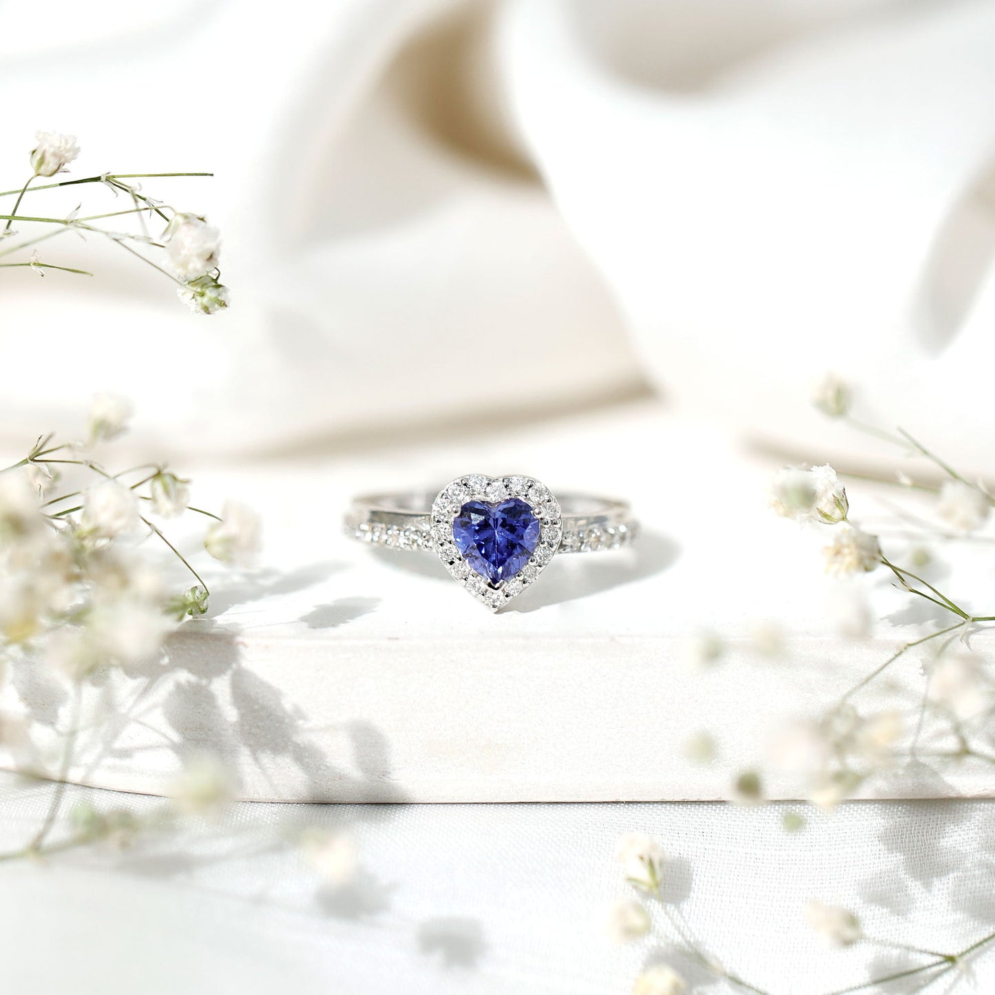 Certified 0.9 Carat Lab Grown Blue Sapphire Heart Engagement Ring with Diamond Halo