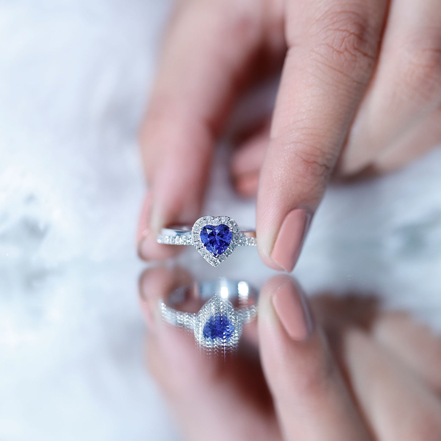 Certified 0.9 Carat Lab Grown Blue Sapphire Heart Engagement Ring with Diamond Halo