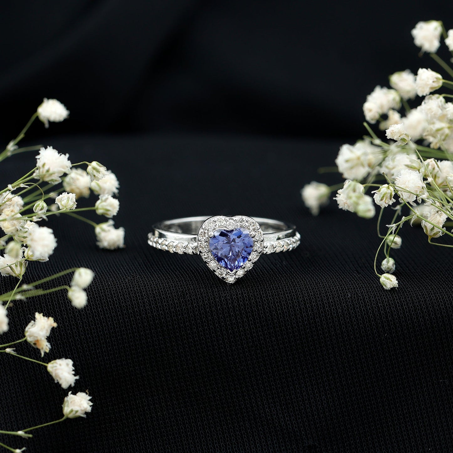 Certified 0.9 Carat Lab Grown Blue Sapphire Heart Engagement Ring with Diamond Halo