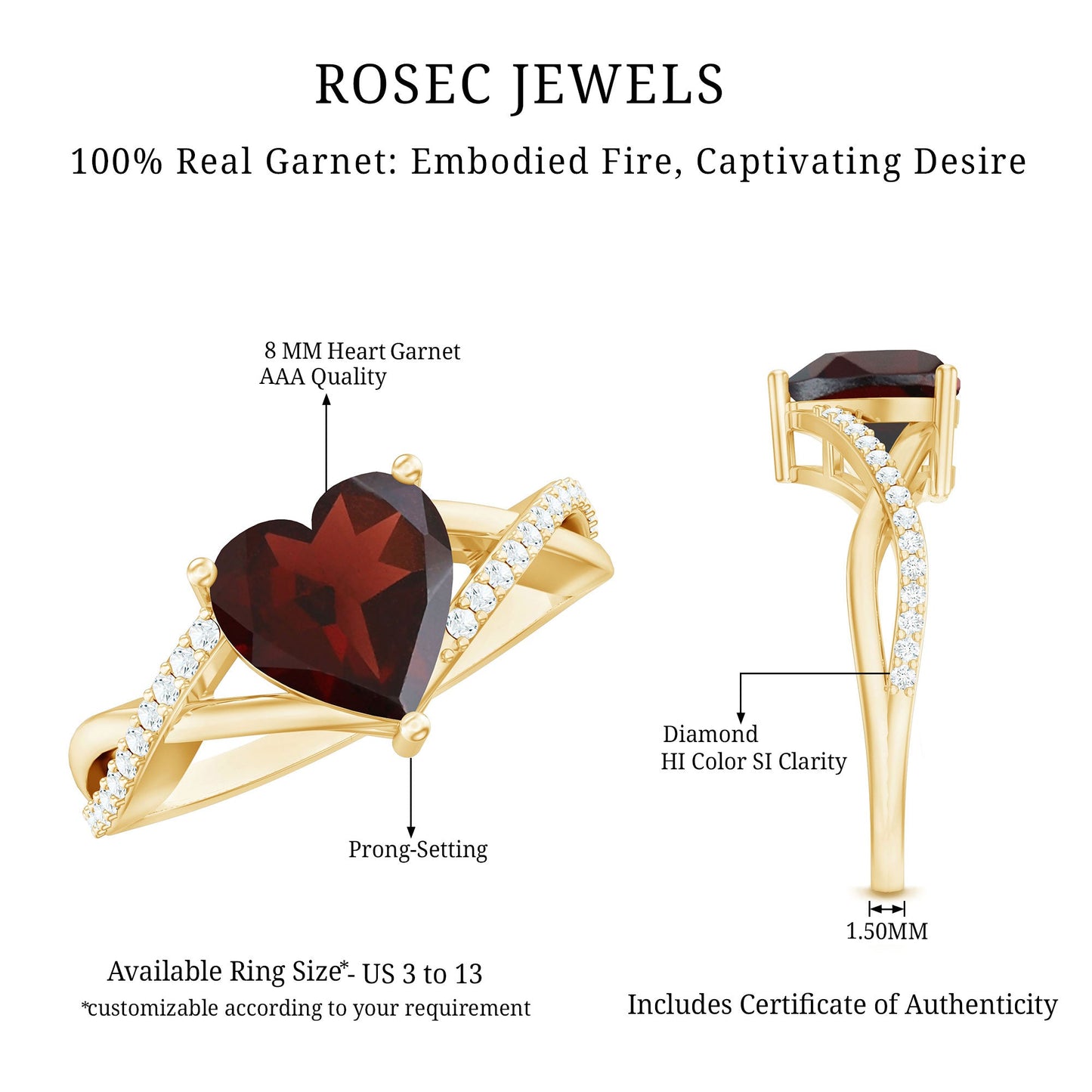 Natural Garnet Heart Shaped Engagement Ring with Diamond Crossover Shank