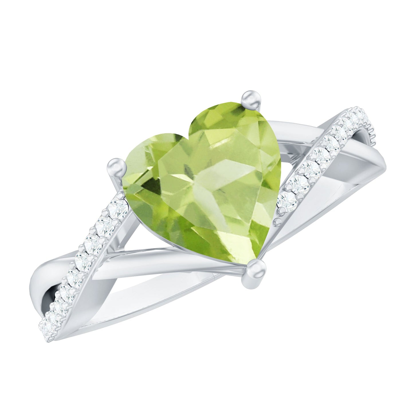 Natural 2 Carat Peridot Heart Engagement Ring with Diamond Crossover Shank