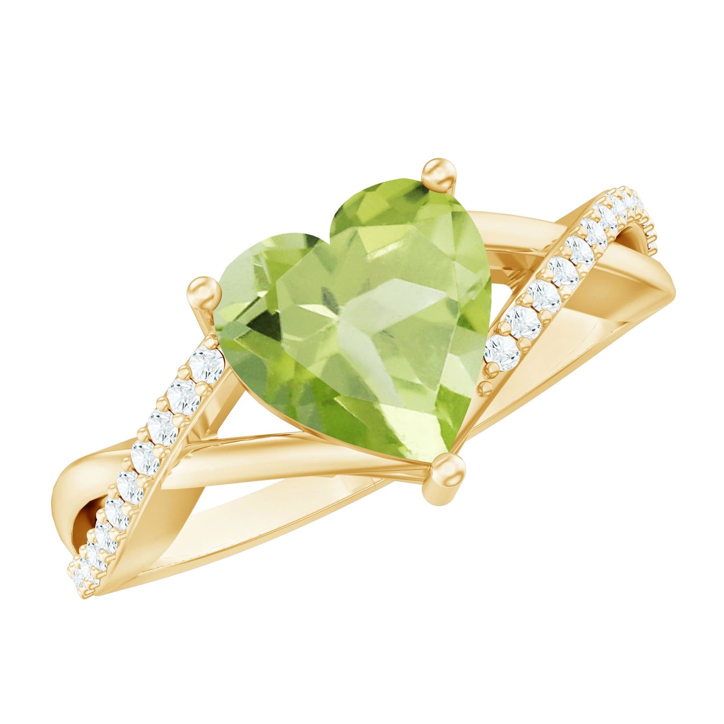 Natural 2 Carat Peridot Heart Engagement Ring with Diamond Crossover Shank