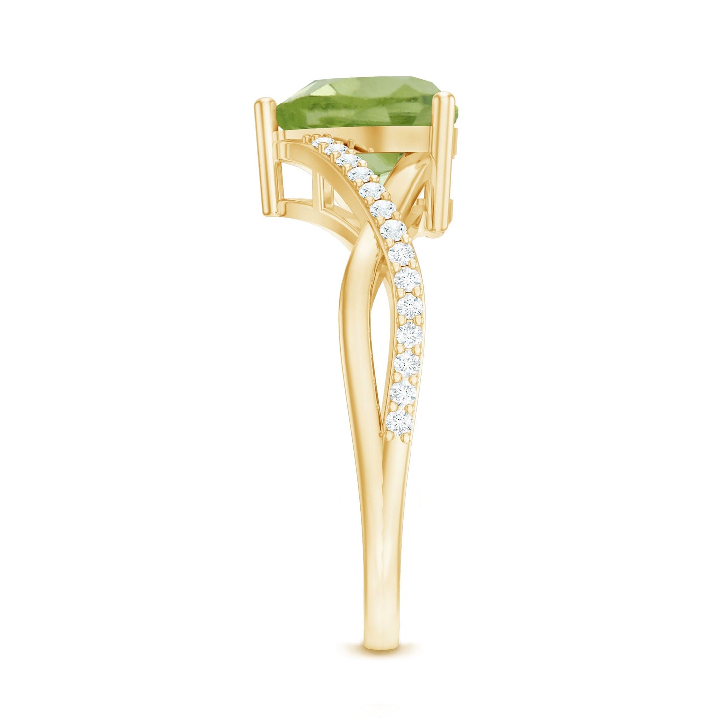 Natural 2 Carat Peridot Heart Engagement Ring with Diamond Crossover Shank