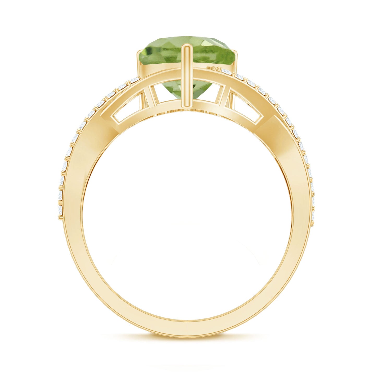 Natural 2 Carat Peridot Heart Engagement Ring with Diamond Crossover Shank
