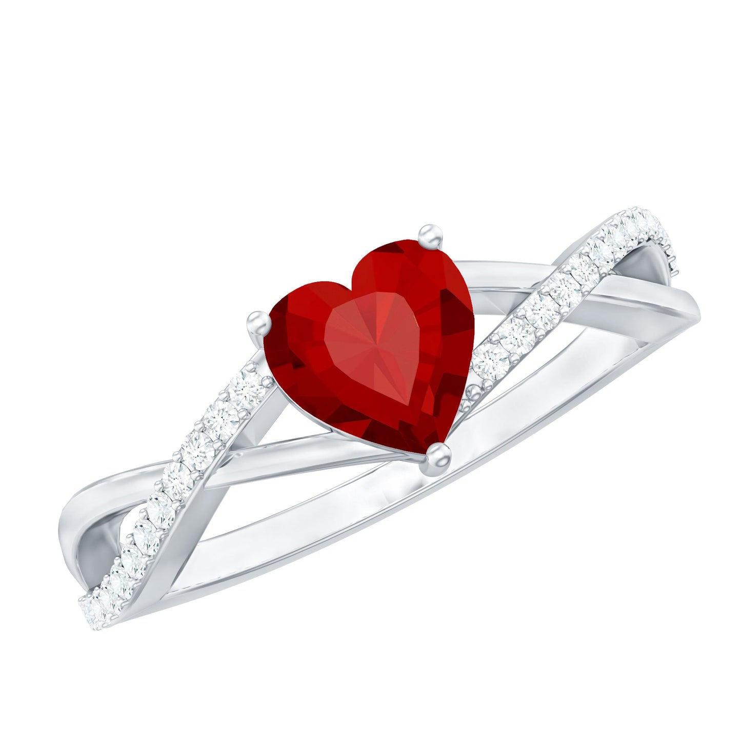 Lab Created Ruby and Diamond Heart Engagement Ring in Crossover Band