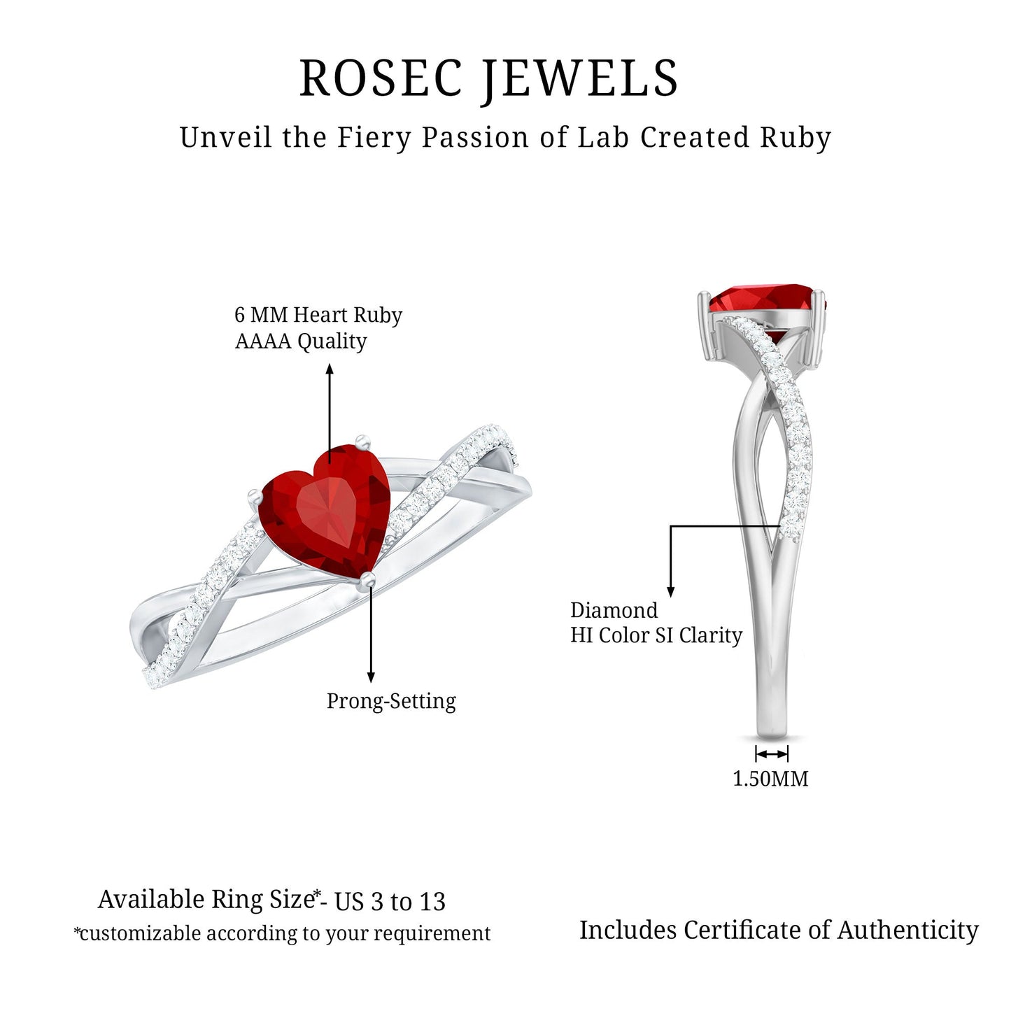 Lab Created Ruby and Diamond Heart Engagement Ring in Crossover Band