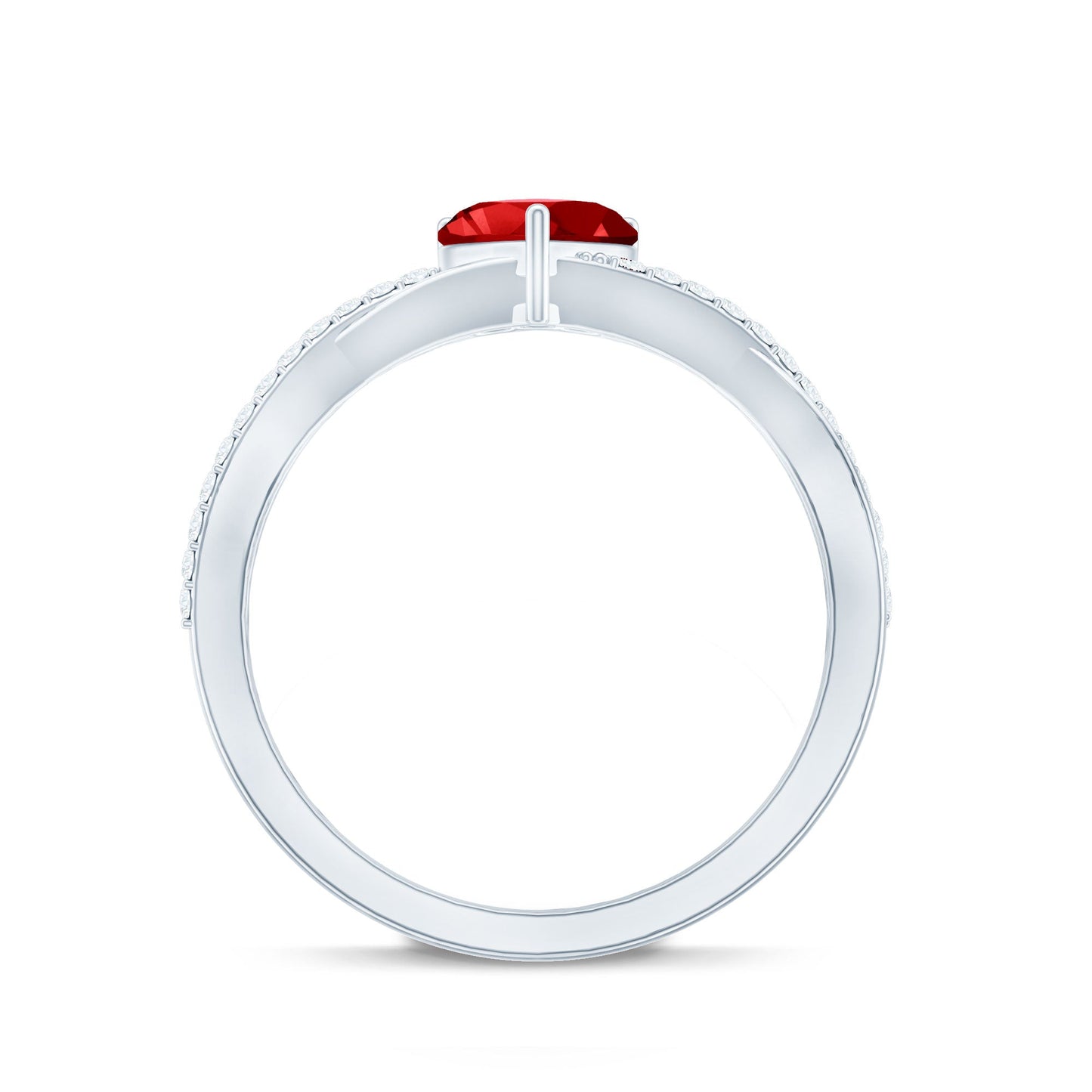 Lab Created Ruby and Diamond Heart Engagement Ring in Crossover Band