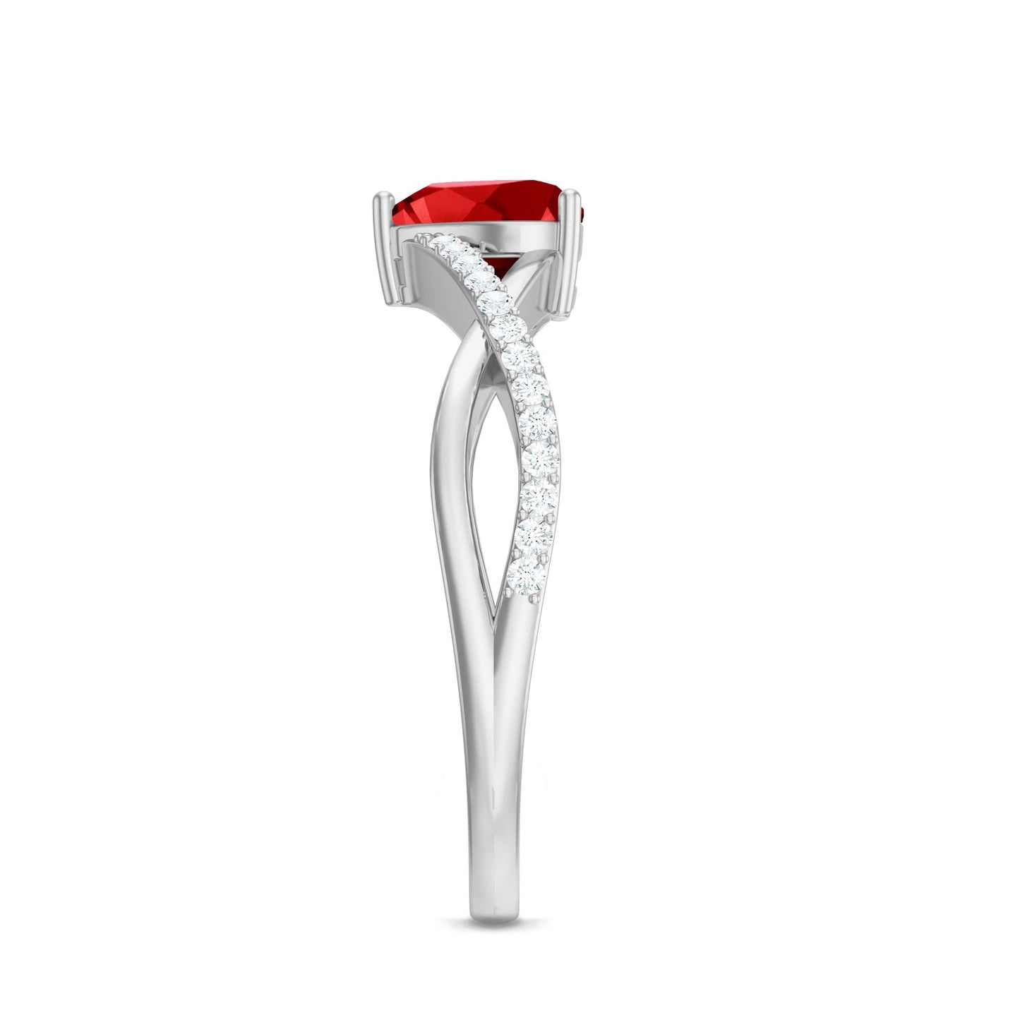 Lab Created Ruby and Diamond Heart Engagement Ring in Crossover Band