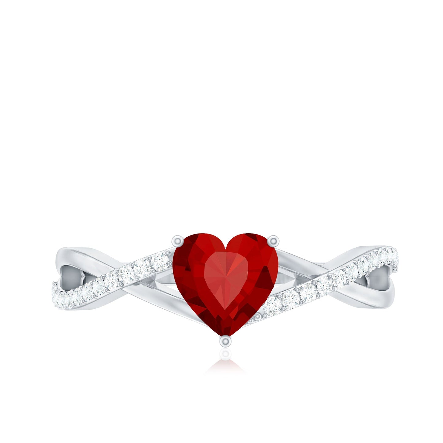 Lab Created Ruby and Diamond Heart Engagement Ring in Crossover Band