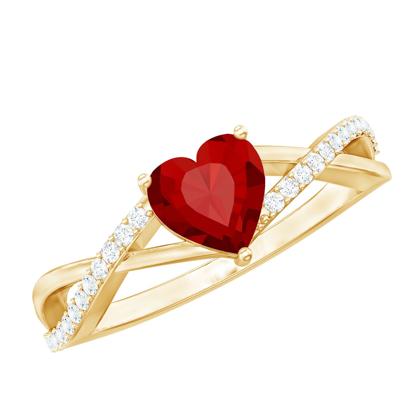Lab Created Ruby and Diamond Heart Engagement Ring in Crossover Band