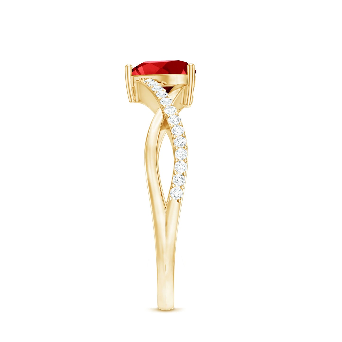 Lab Created Ruby and Diamond Heart Engagement Ring in Crossover Band