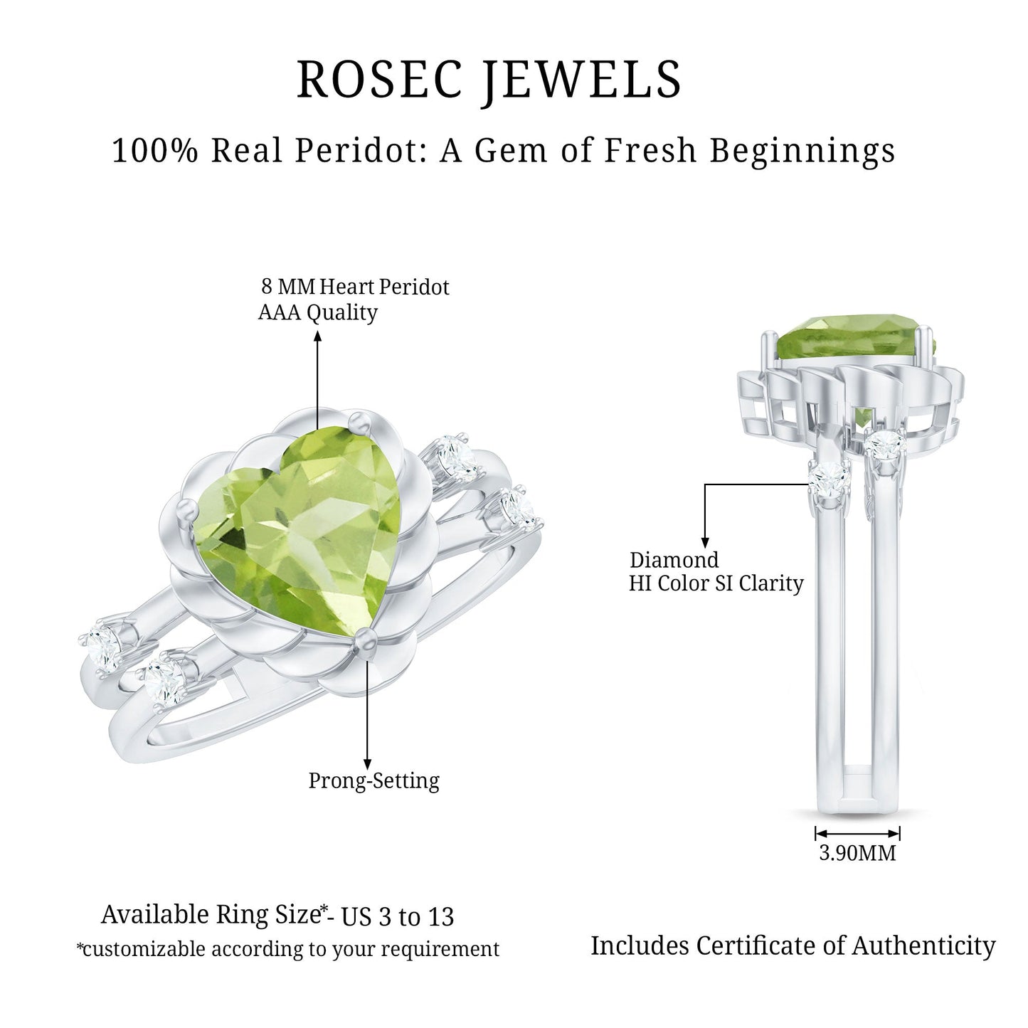 Heart Shape Peridot Solitaire Band Ring with Diamond Stones