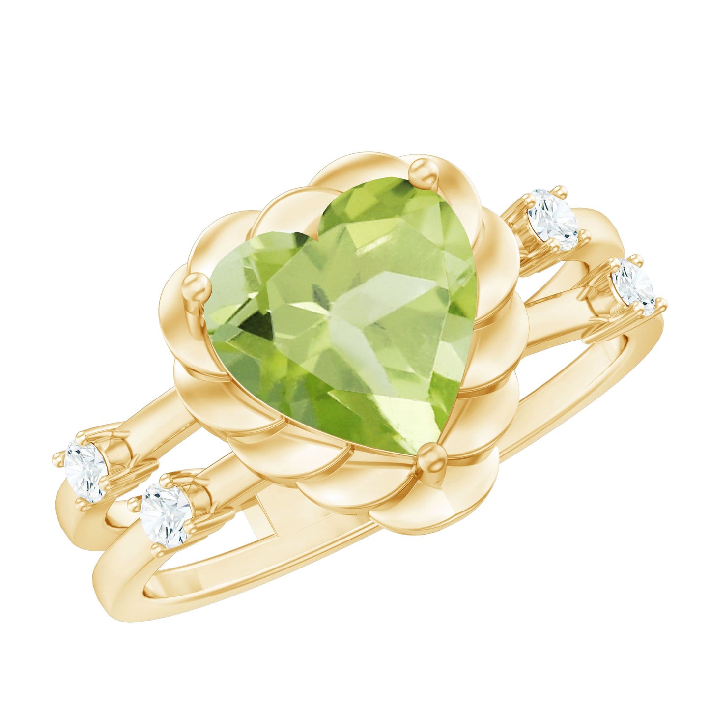 Heart Shape Peridot Solitaire Band Ring with Diamond Stones