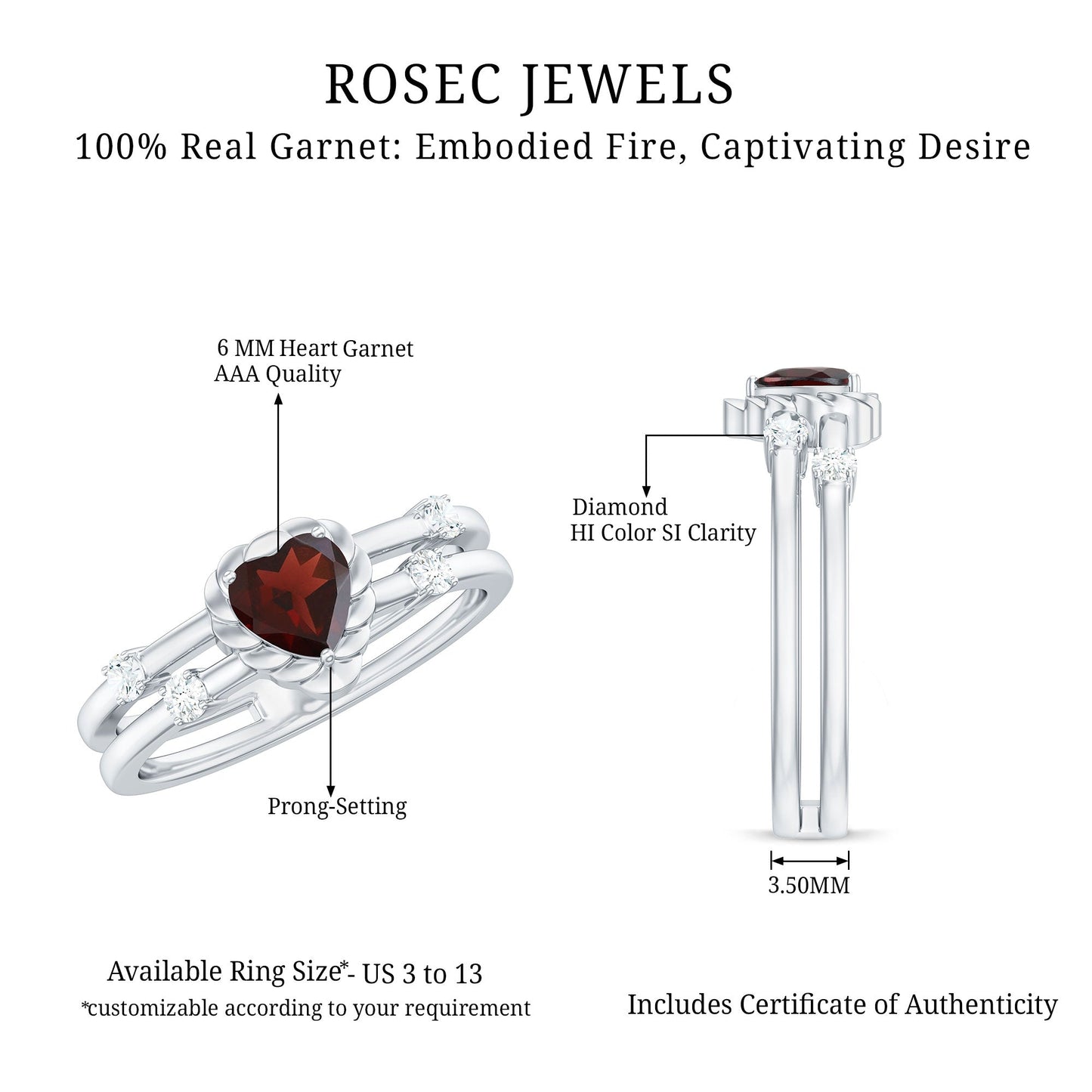 Natural Heart Shaped Garnet Diamond Double Band Engagement Ring